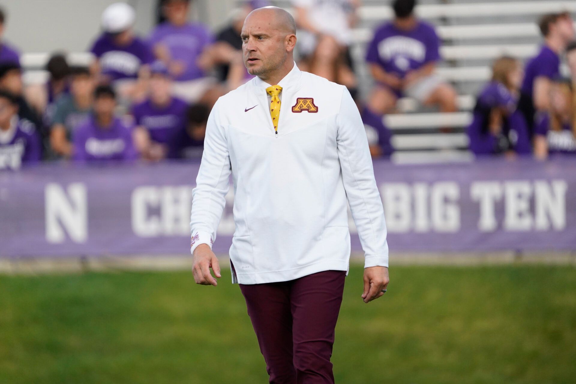 Minnesota Golden Gophers head coach PJ Fleck on the field before the game against the Northwestern Wildcats at Ryan Field.