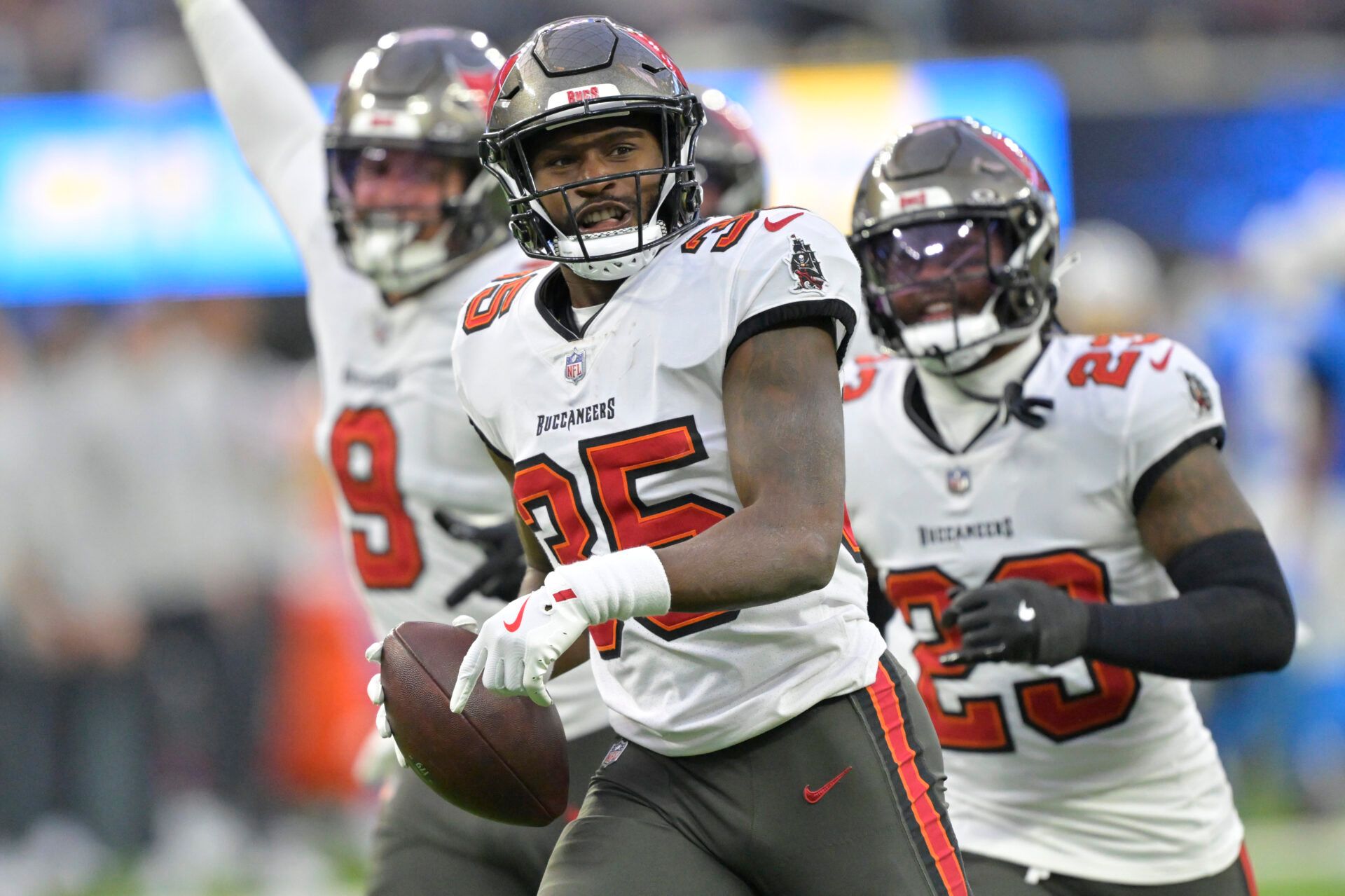 Tampa Bay Buccaneers cornerback Jamel Dean (35) celebrates after a fumble recovery in the second half against the Los Angeles Chargers at SoFi Stadium.