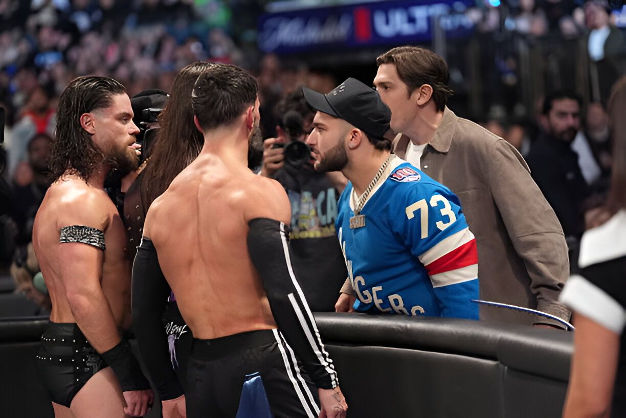 JD McDonagh, Domink Mysterio and Finn Balor confront Andrew Schulz and Cam Skattebo during Monday Night RAW at Madison Square Garden Photo by Rich Freeda/WWE via Getty Images