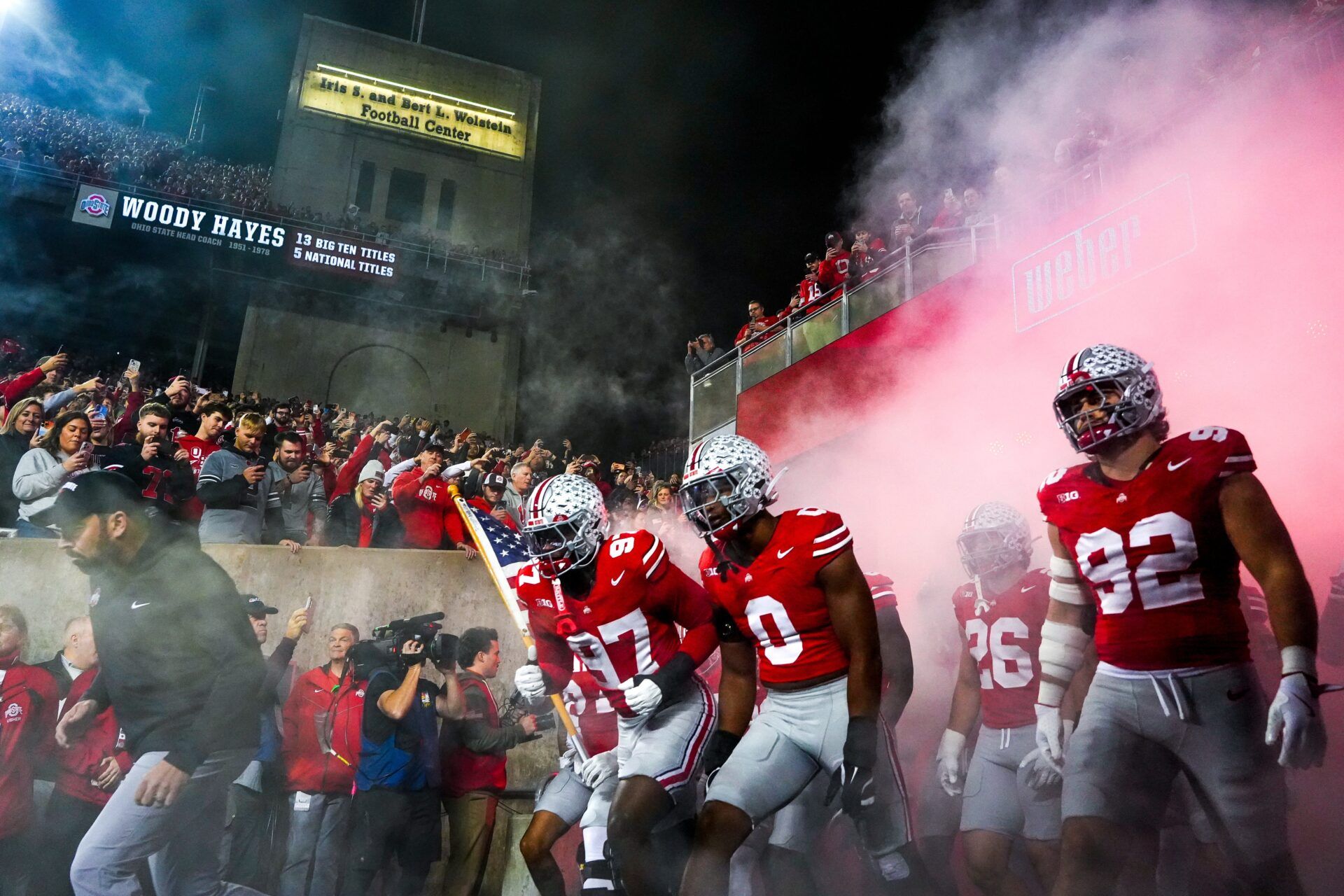 Ohio State head coach Ryan Day and the Buckeyes take the field before the NCAA college football game against the UCLA Bruins at Ohio Stadium on Saturday, Nov. 15, 2025 in Columbus, Ohio.