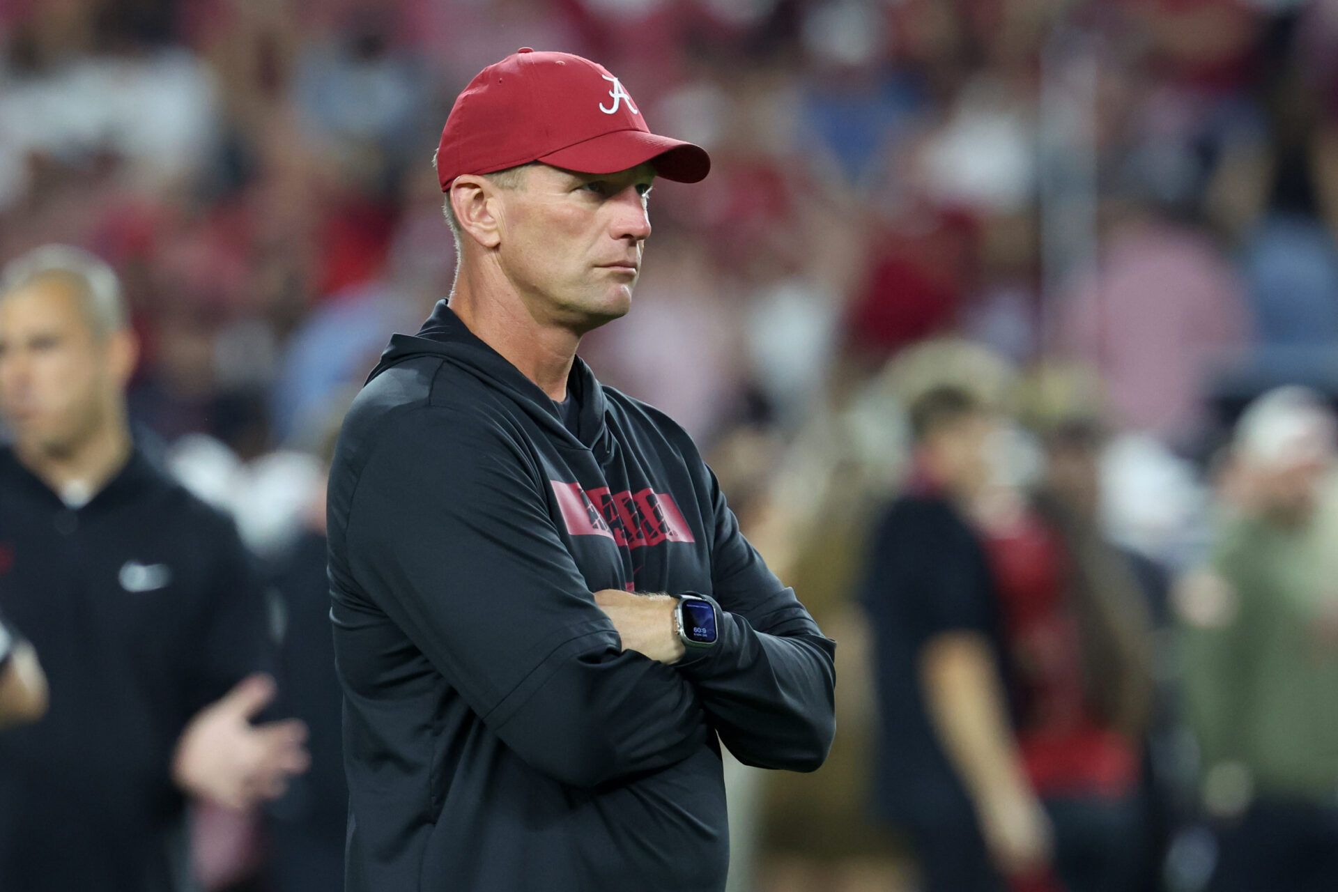Alabama Crimson Tide head coach Kalen Deboer looks on during warmups prior to the game against the Louisiana State Tigers at Saban Field at Bryant-Denny Stadium.