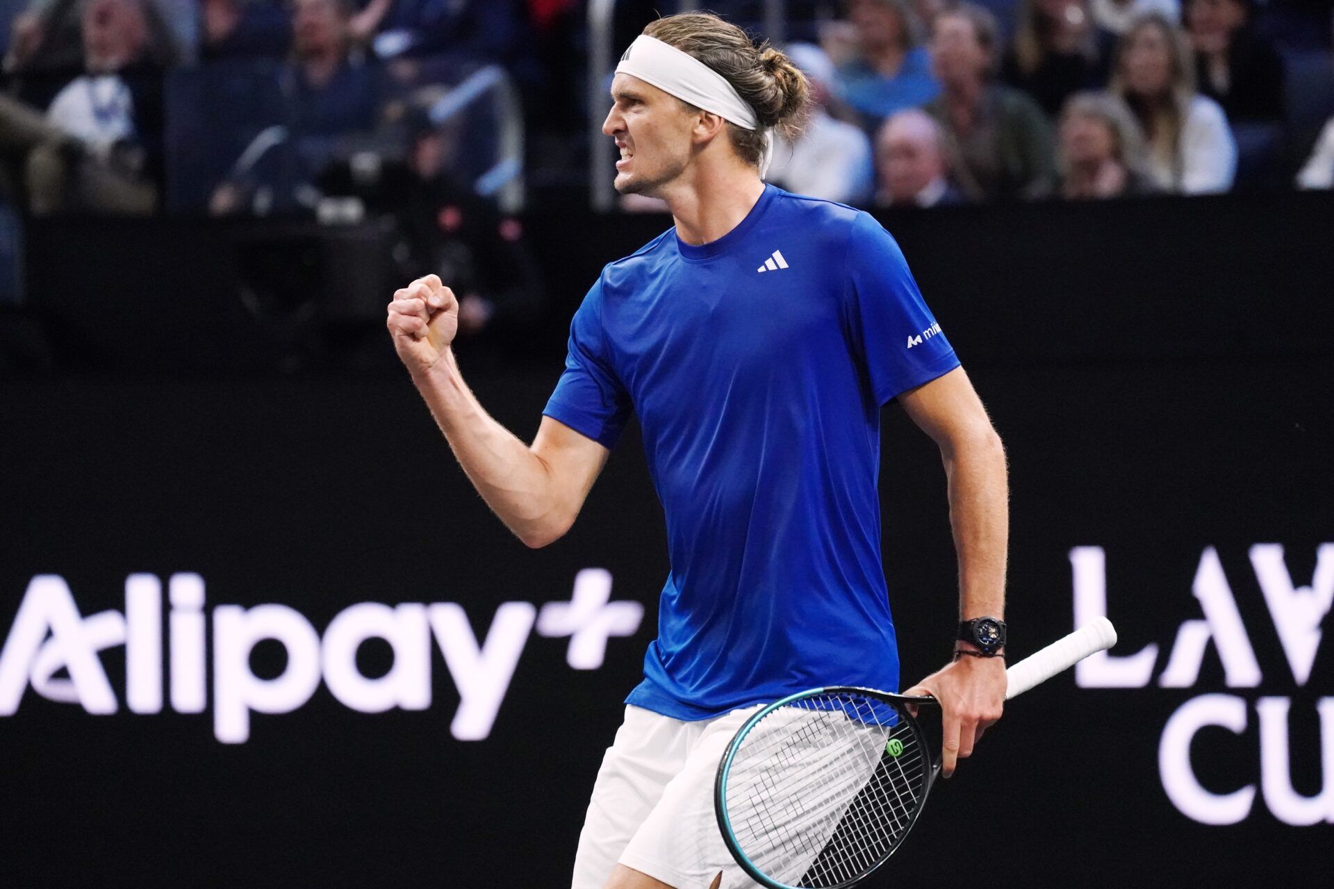 Team Europe player Alexander Zverev celebrates after winning a point against Team World player Taylor Fritz during the Laver Cup at Chase Center.