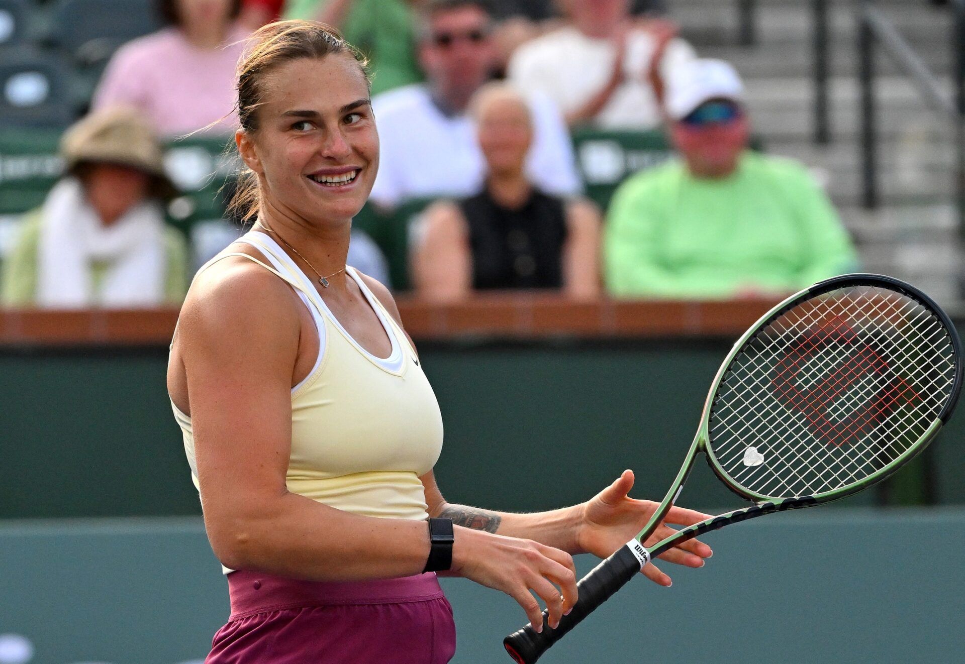 Aryna Sabalenka smiles at the crowd after she defeated Maria Sakkari (GRE) in the semi finals of the BNP Paribas Open at the Indian Wells Tennis Garden.