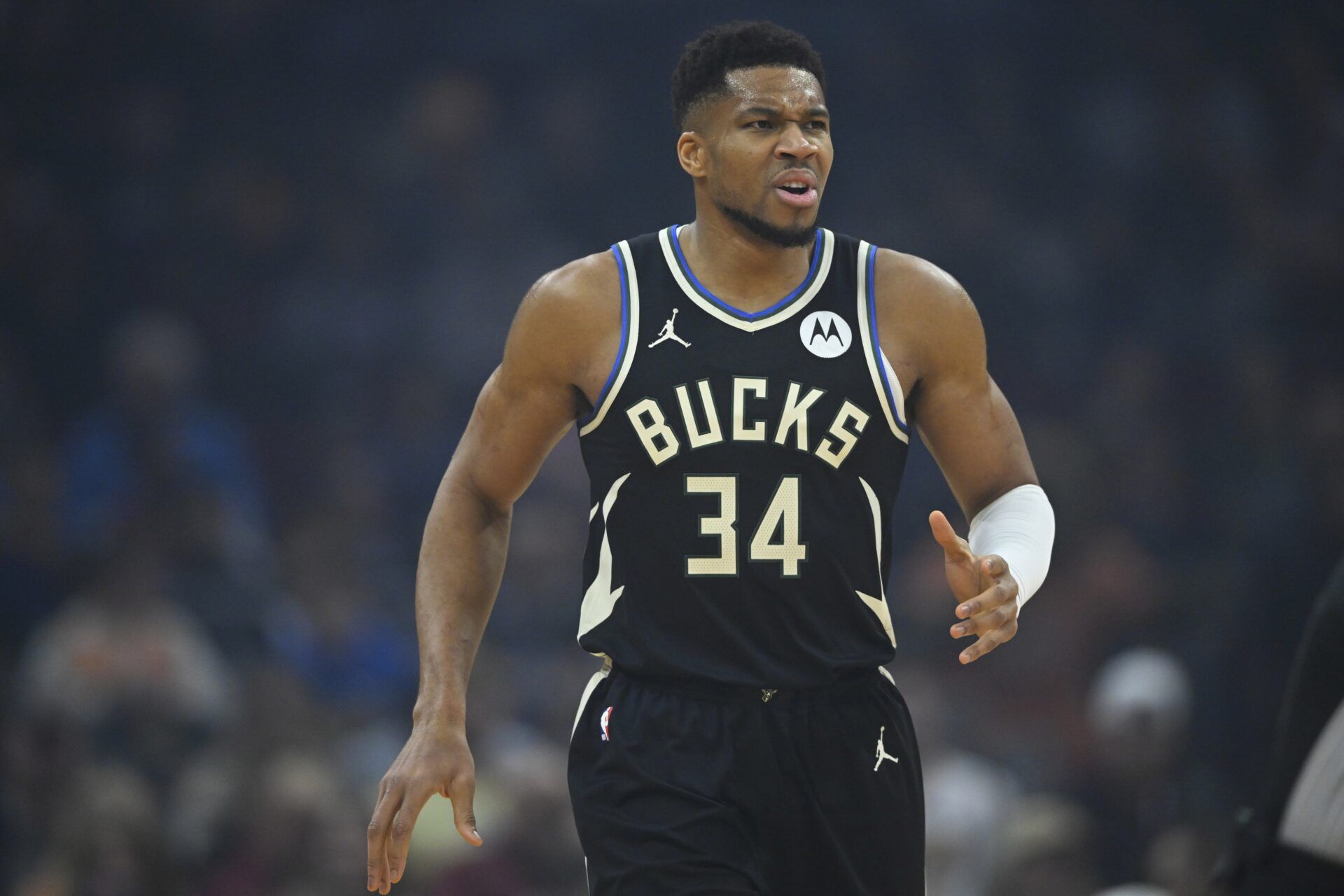 Milwaukee Bucks forward Giannis Antetokounmpo (34) reacts in the first quarter against the Cleveland Cavaliers at Rocket Arena.