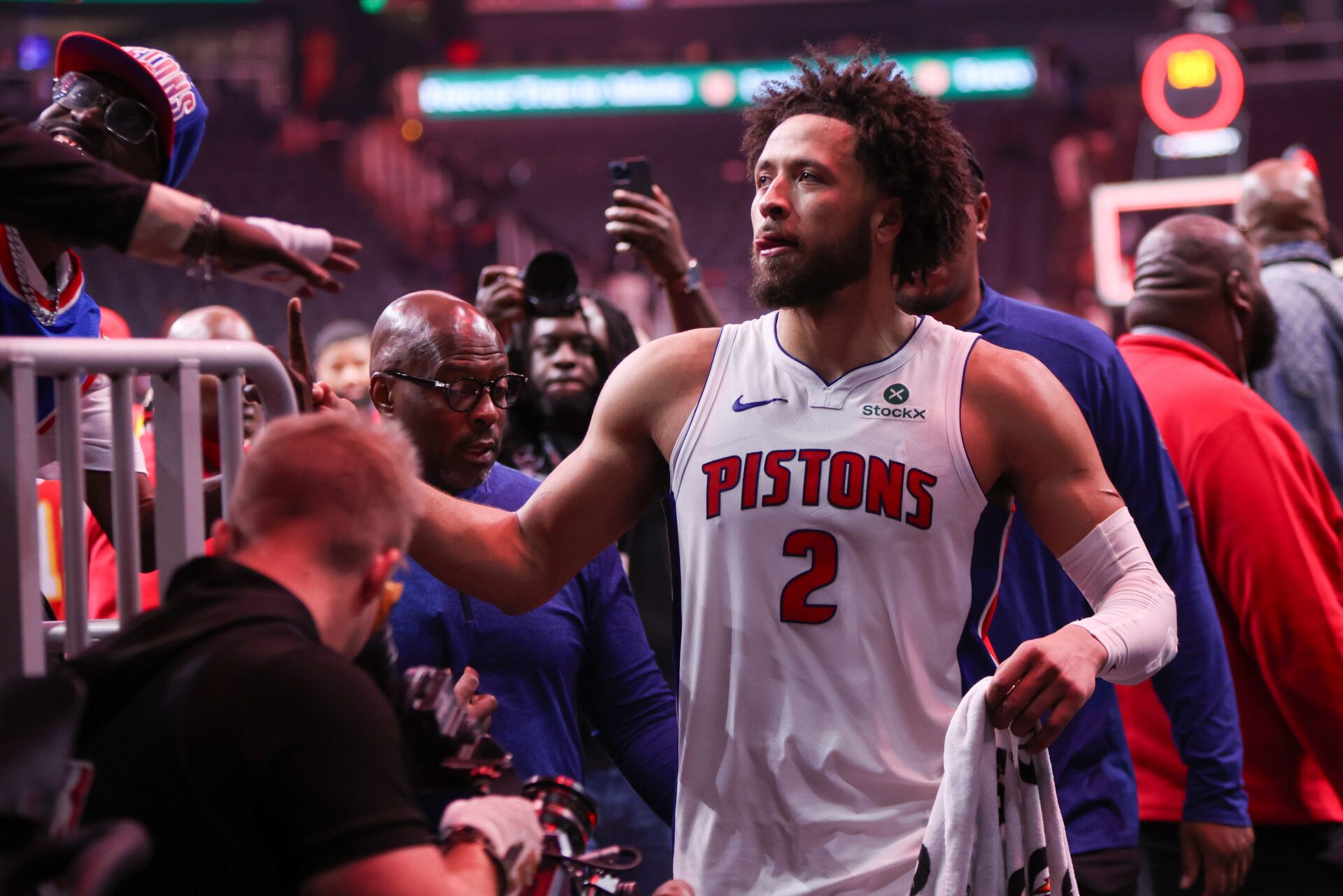 Detroit Pistons guard Cade Cunningham (2) celebrates after a victory over the Atlanta Hawks at State Farm Arena.
