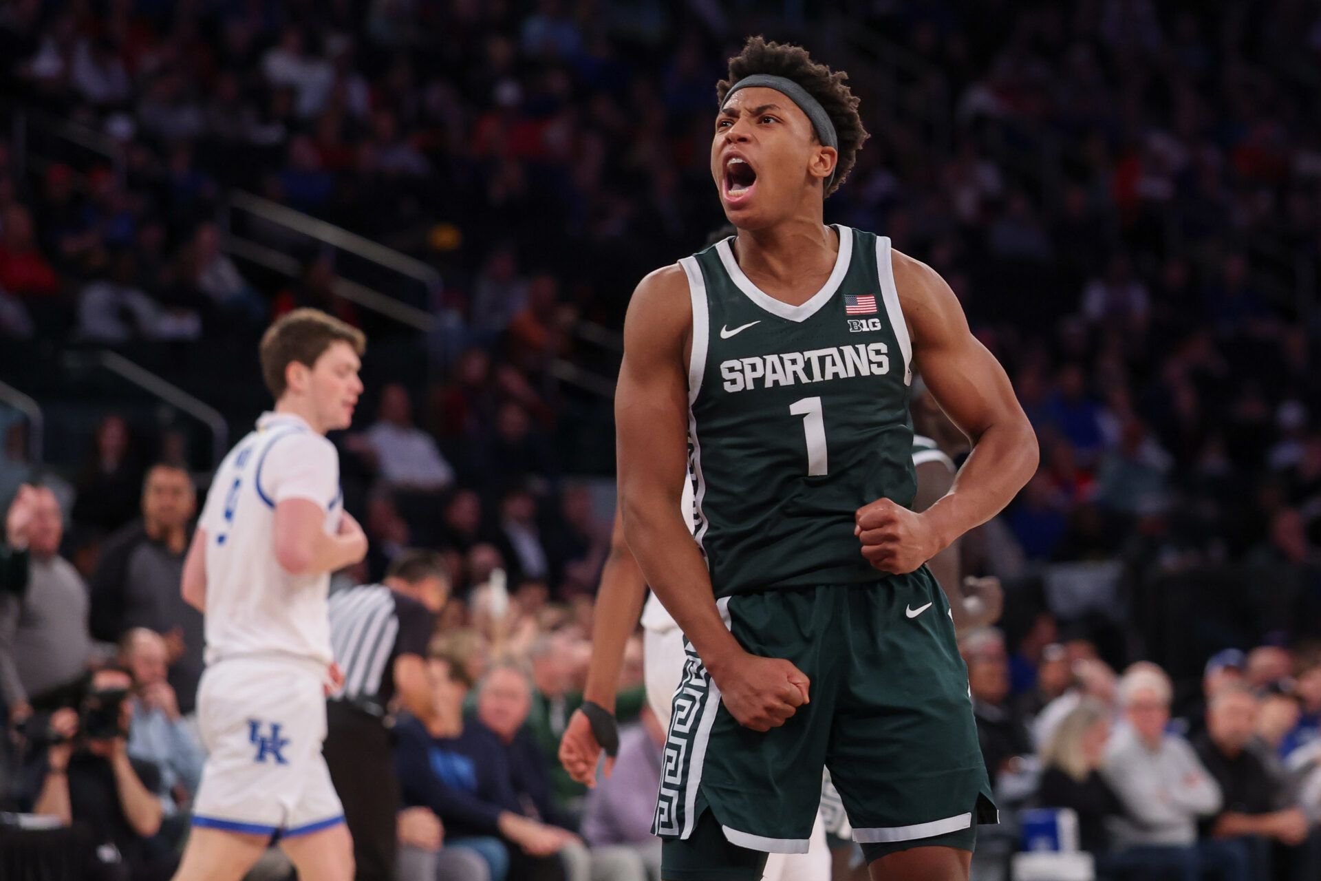 Michigan State Spartans guard Jeremy Fears Jr. (1) reacts during the second half against the Kentucky Wildcats at Madison Square Garden.