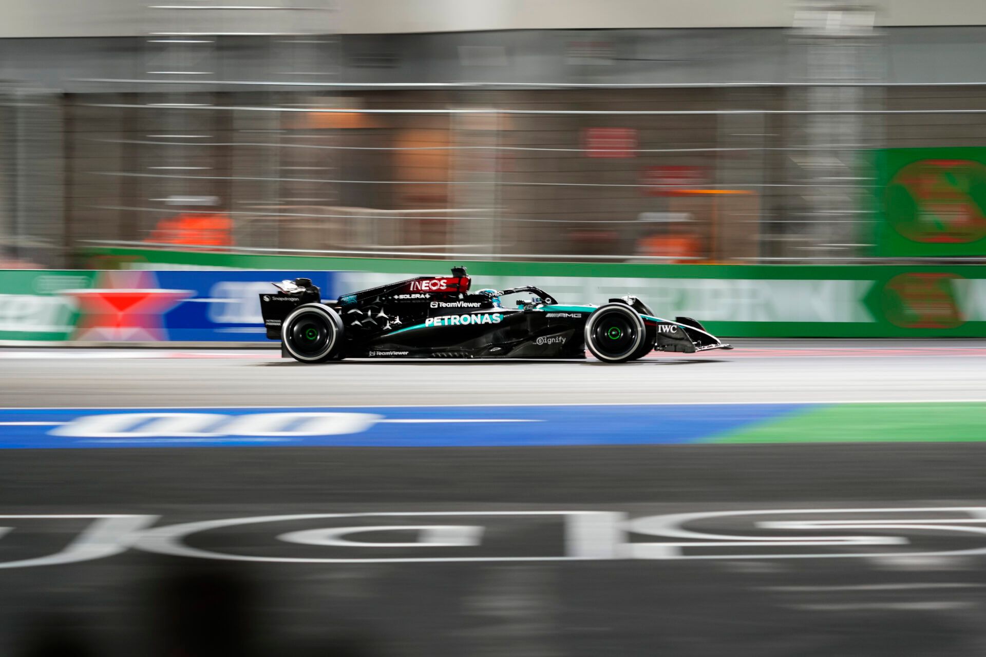 Las Vegas, Nevada, USA; Mercedes AMG Petronas F1 Team driver George Russell of Great Britain (63) drives during the Las Vegas Grand Prix at the Las Vegas Circuit.