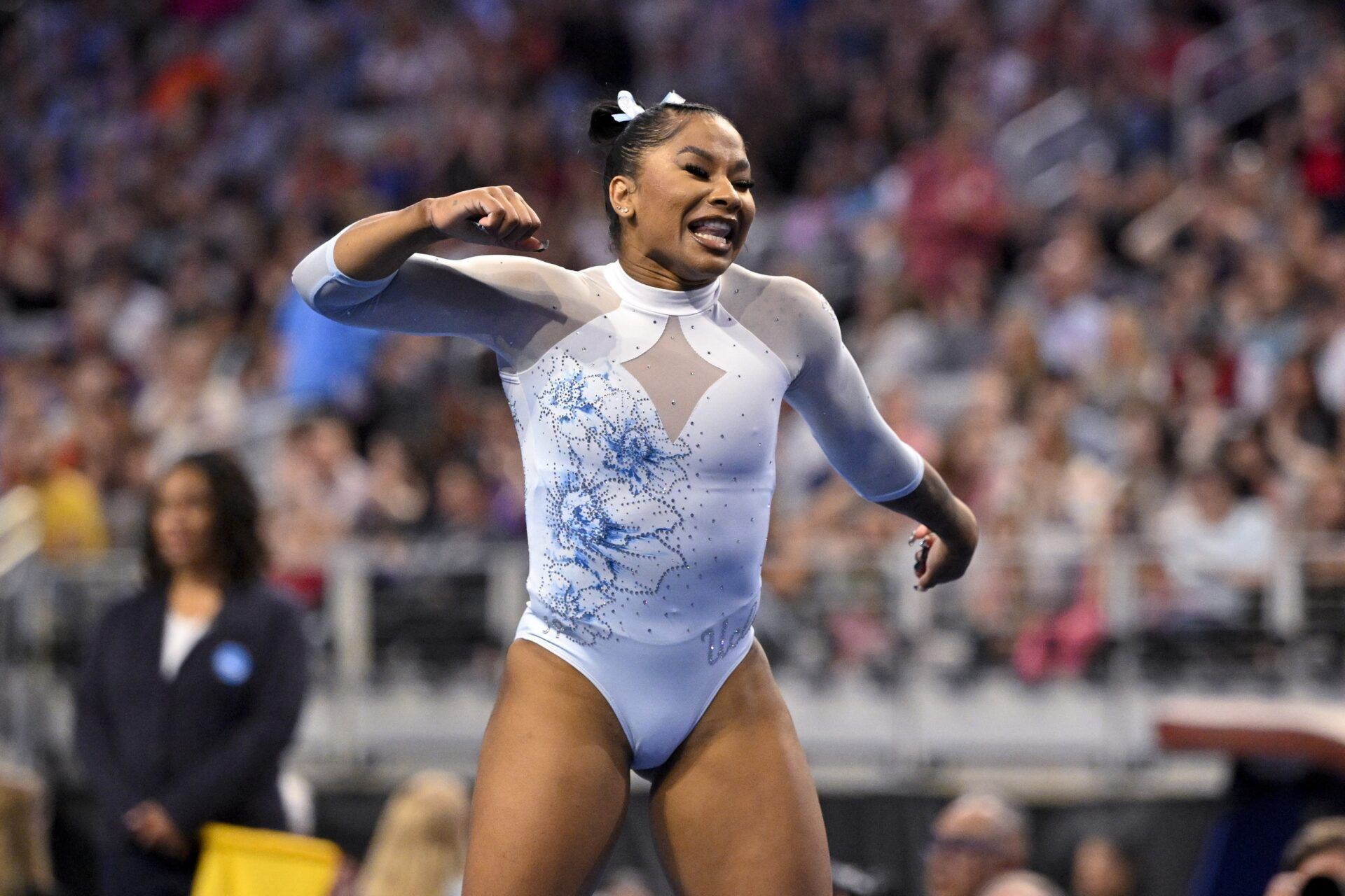 UCLA Bruins gymnast Jordan Chiles performs on floor exercise during the 2025 Women's National Gymnastics Championship at Dickies Arena.