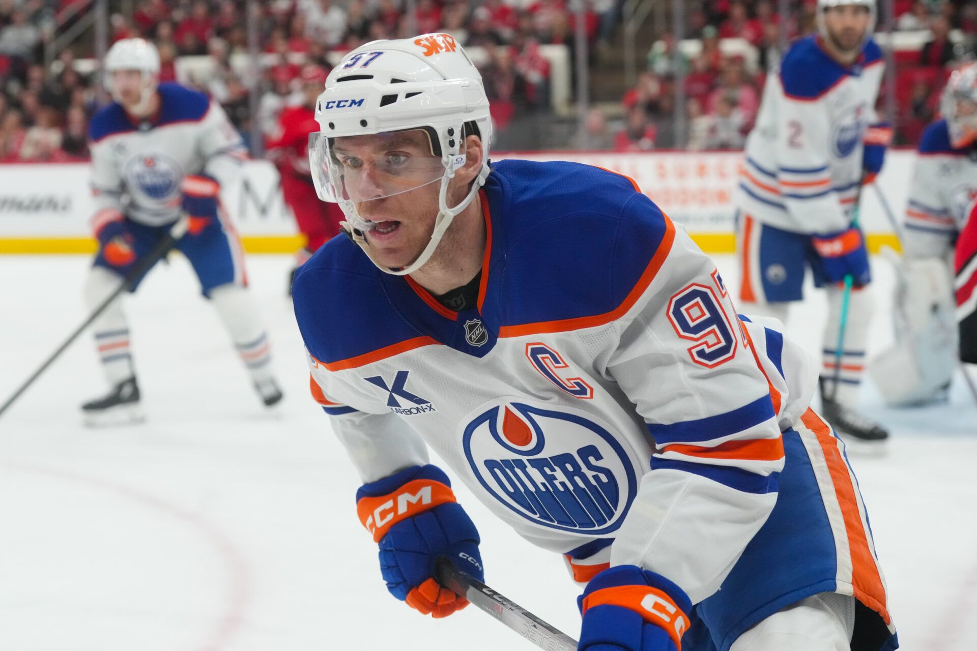 Edmonton Oilers center Connor McDavid (97) skates against the Carolina Hurricanes during the third period at Lenovo Center.