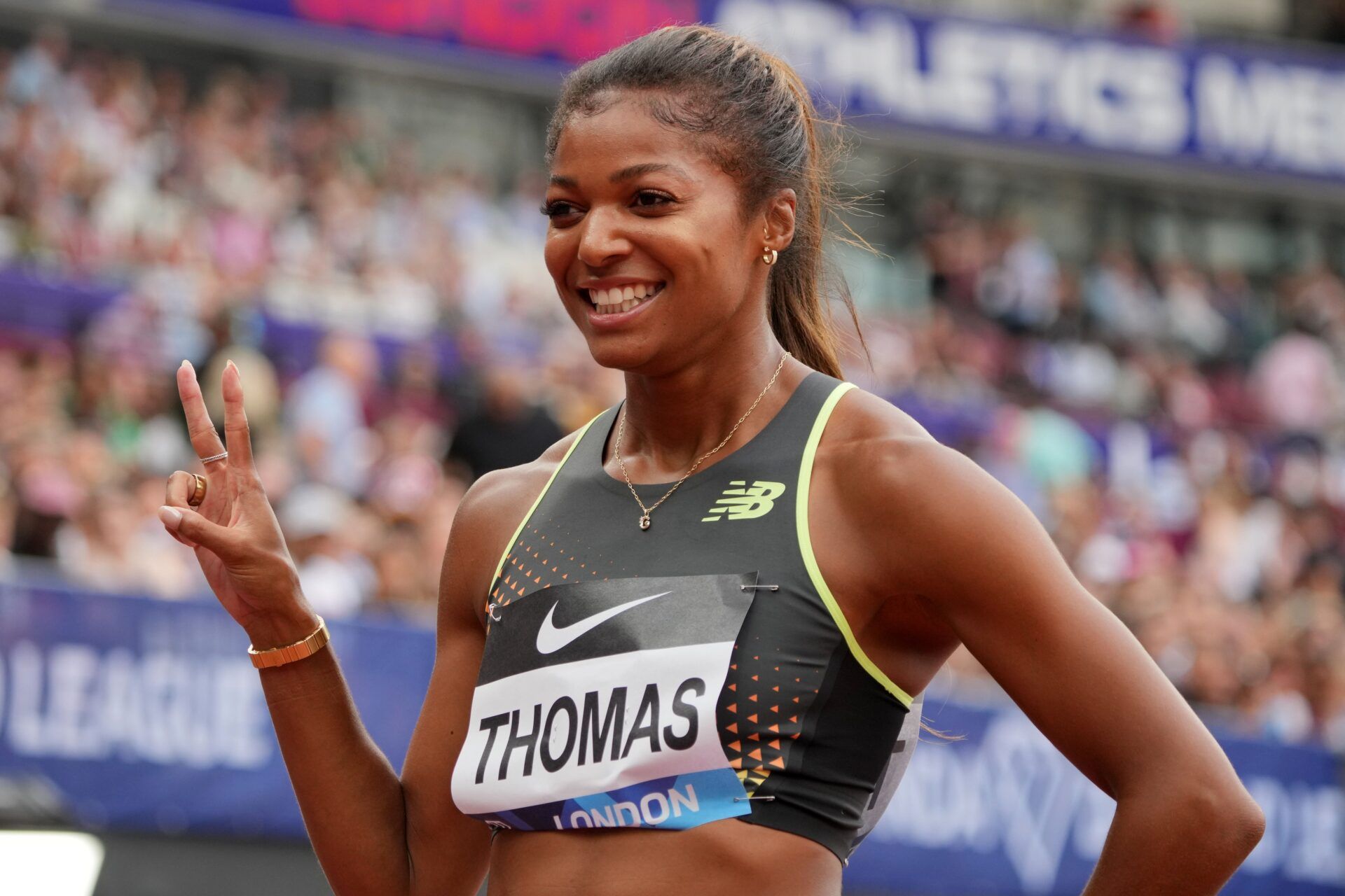 Gabrielle Thomas aka Gabby Thomas (USA) poses after winning the women's 200m in a meet record 21.82 during the London Athletics Meet at London Stadium.