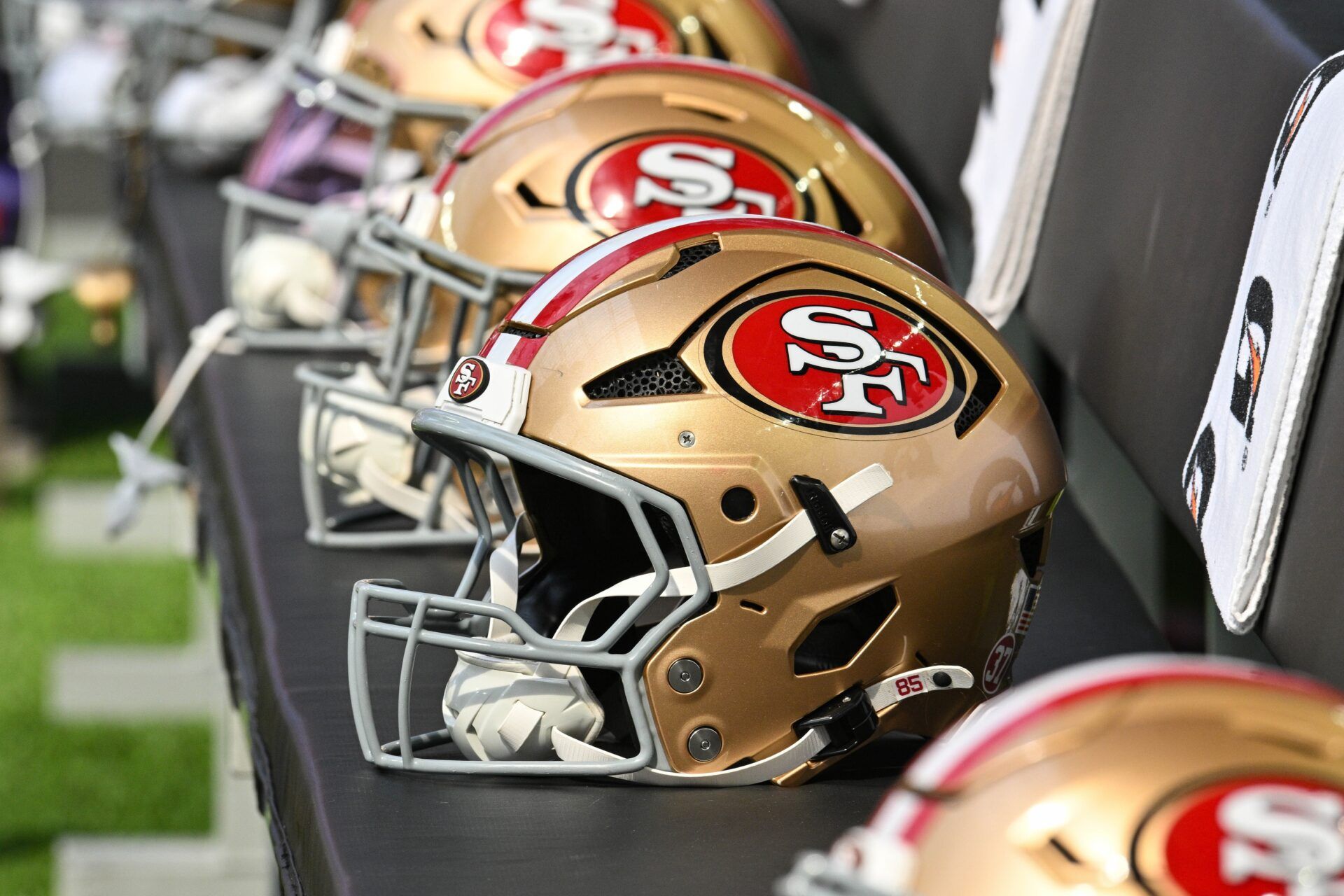 San Francisco 49ers helmets sits idle during the game against the Minnesota Vikings at U.S. Bank Stadium.