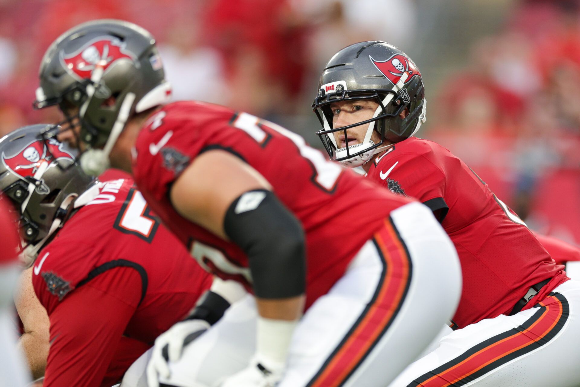 Tampa Bay Buccaneers quarterback Kyle Trask (2) lines up against the Tennessee Titans in the first quarter during a preseason game at Raymond James Stadium.