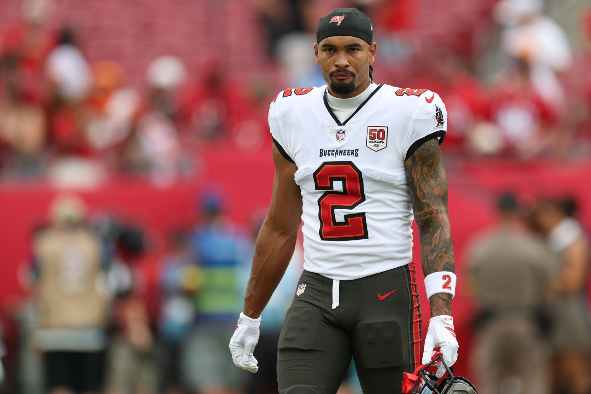 Tampa Bay Buccaneers wide receiver Emeka Egbuka (2) warms up before a game against the New England Patriots at Raymond James Stadium.