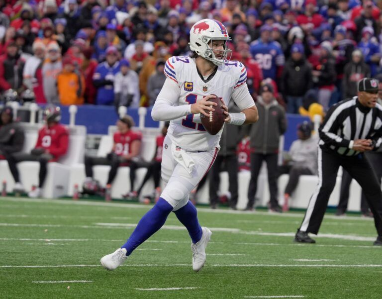Buffalo Bills quarterback Josh Allen looks for a receiver during second half action against the Tampa Bay Buccaneers on Nov 16, 2025 at Highmark Stadium in Orchard Park.