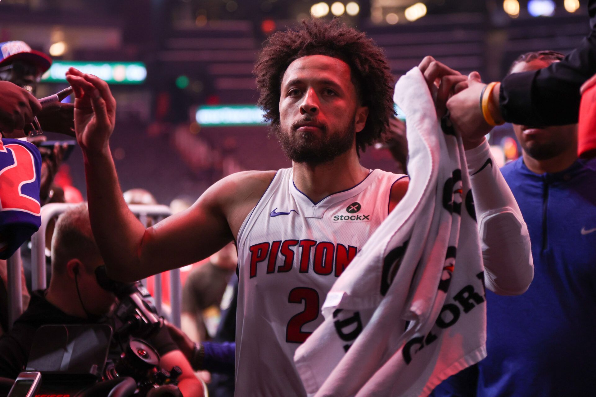 Detroit Pistons guard Cade Cunningham (2) celebrates after a victory over the Atlanta Hawks at State Farm Arena.