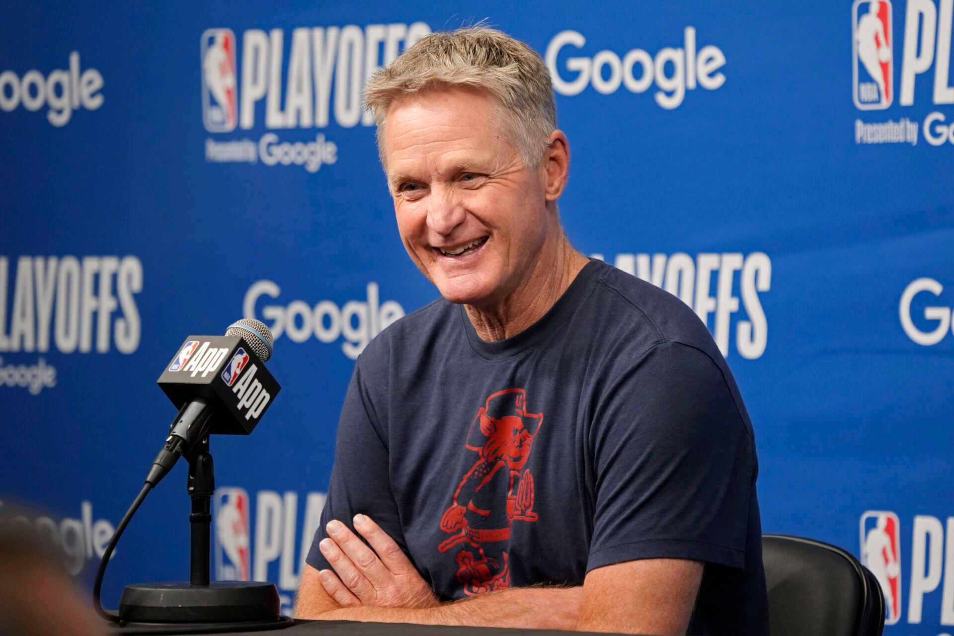 Golden State Warriors head coach Steve Kerr answers questions at a press conference before game one of the second round for the 2025 NBA Playoffs against the Minnesota Timberwolves at Target Center.