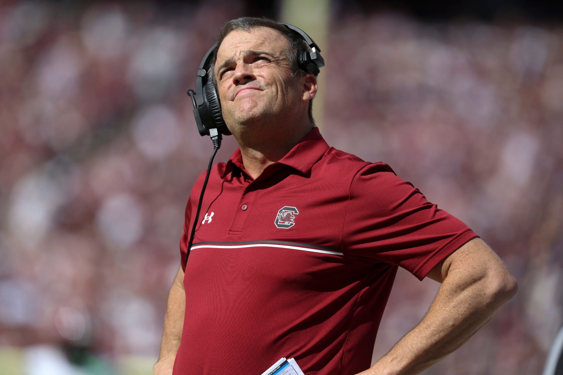 South Carolina Gamecocks head coach Shane Beamer looks up during the second quarter against the Texas A&M Aggies at Kyle Field.