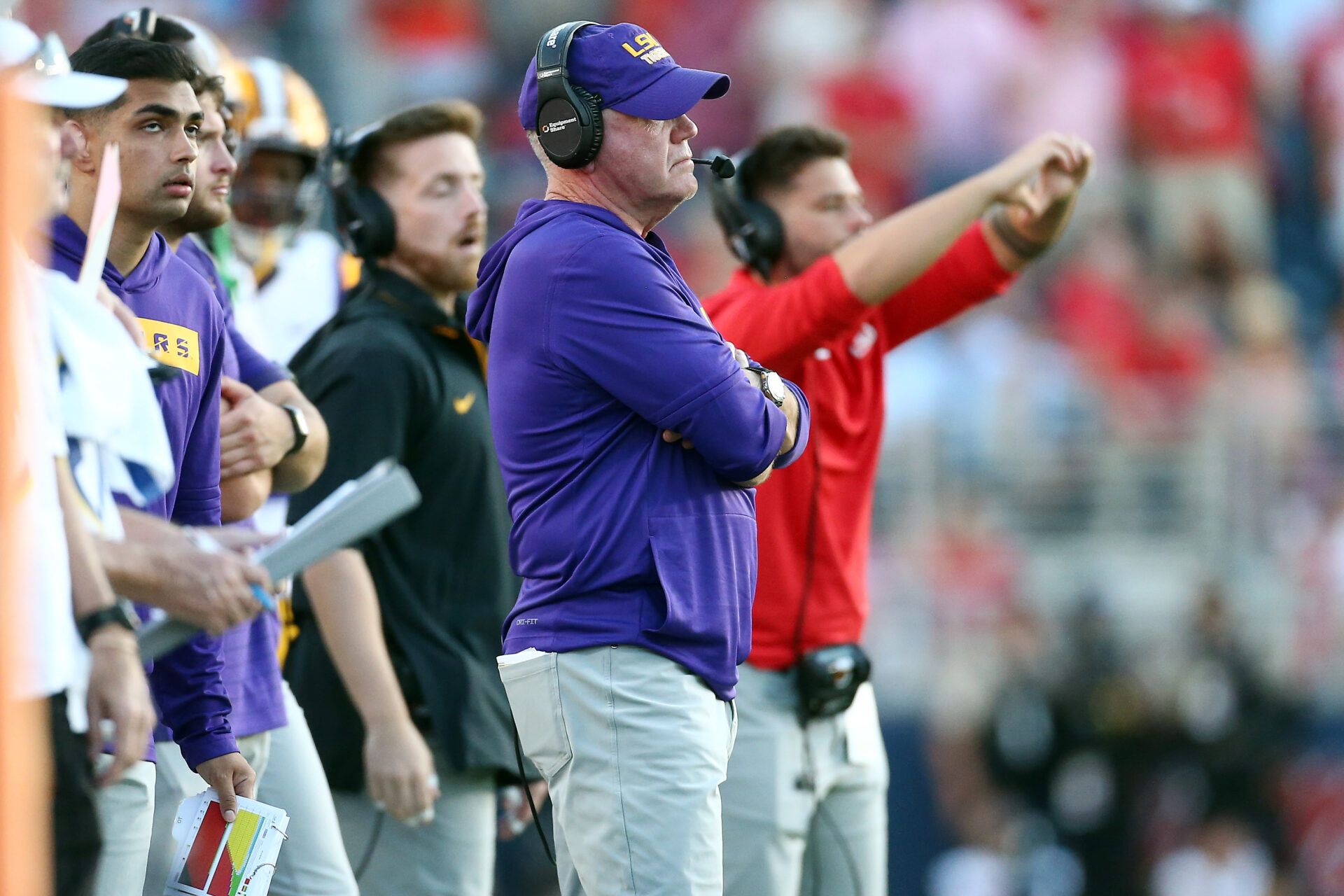 LSU Tigers head coach Brian Kelly looks on during the fourth quarter against the Mississippi Rebels at Vaught-Hemingway Stadium.