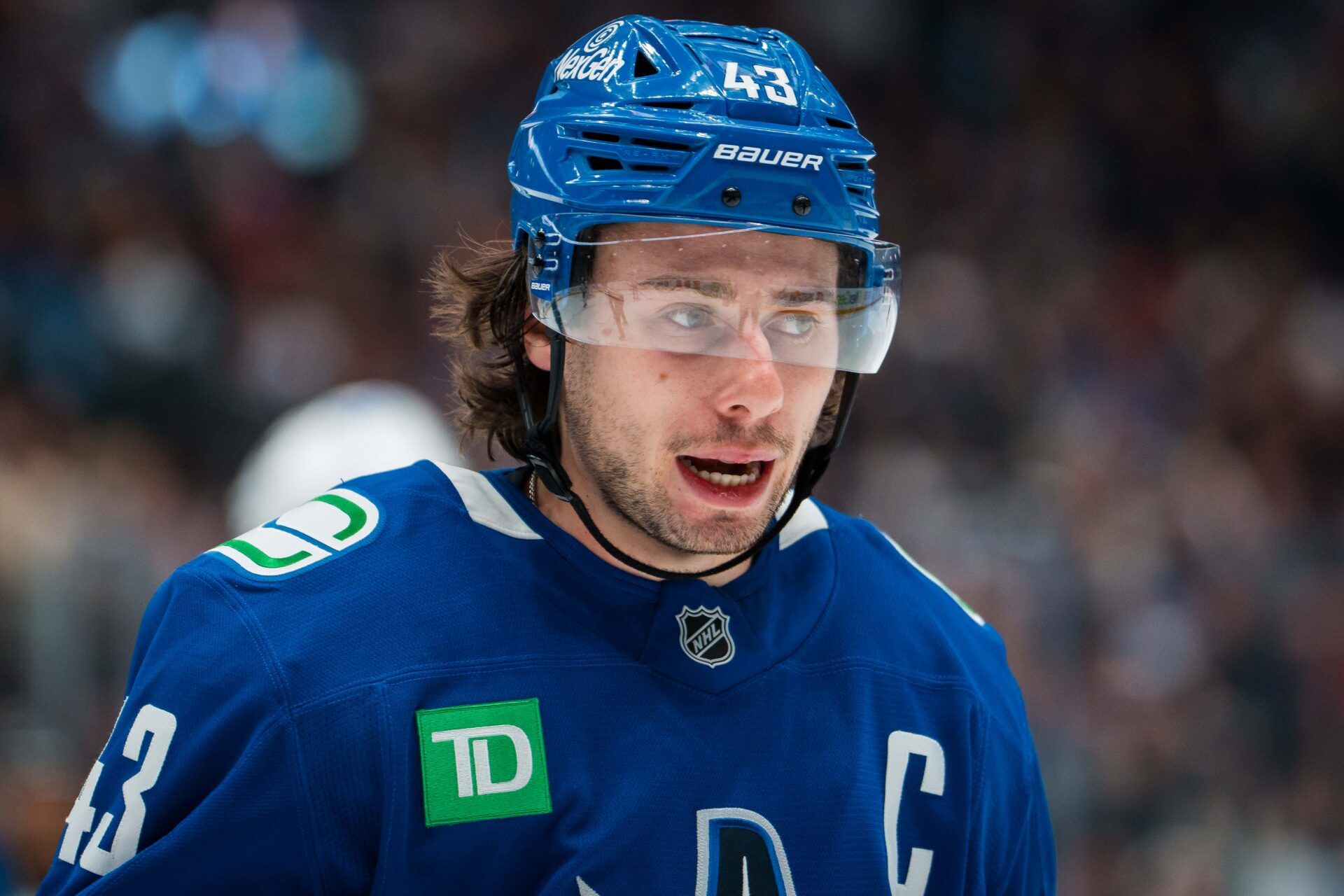 Vancouver Canucks defenseman Quinn Hughes (43) during a stop in play against the Winnipeg Jets in the second period at Rogers Arena.