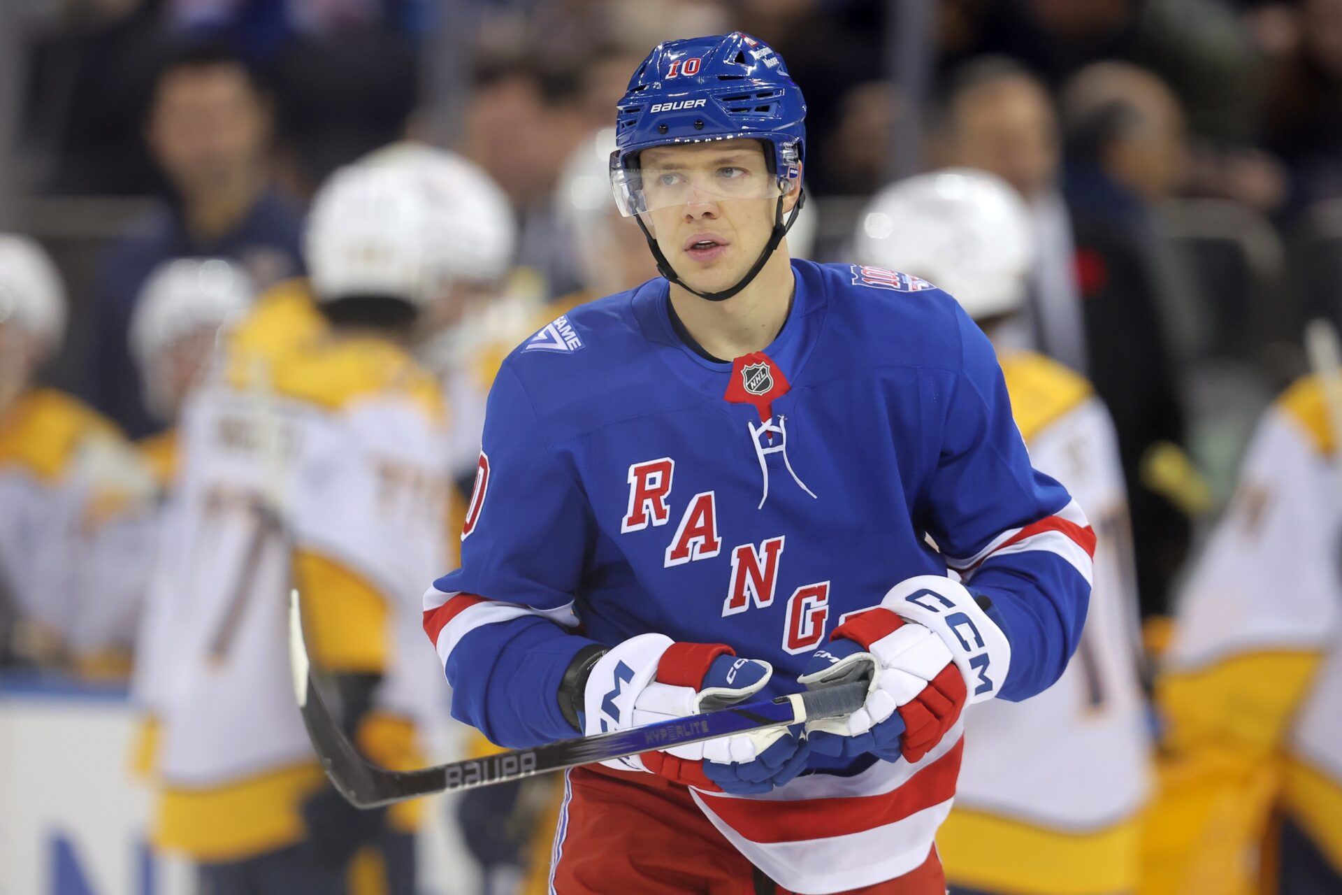 New York Rangers left wing Artemi Panarin (10) skates against the Nashville Predators during the first period at Madison Square Garden.