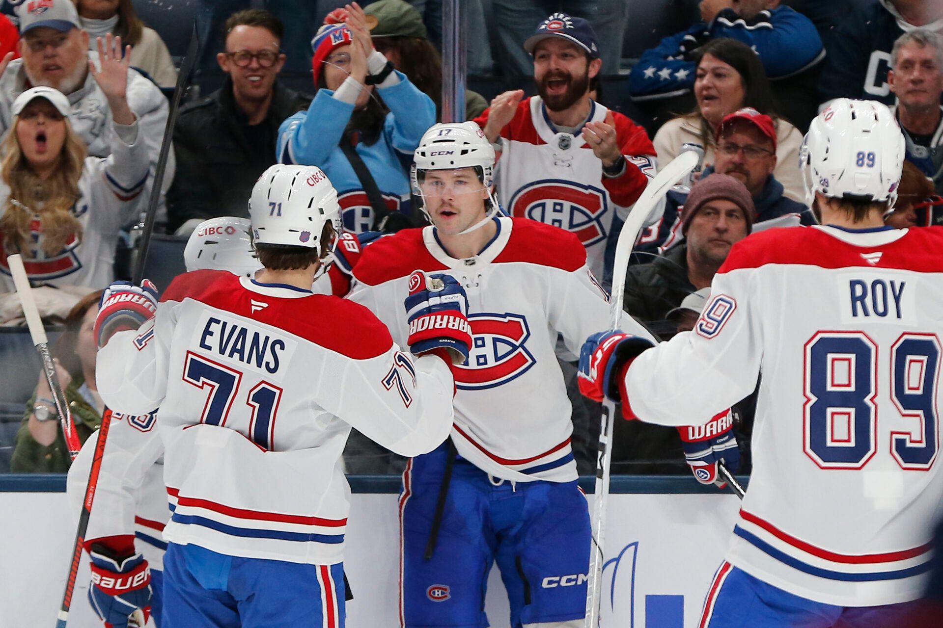Montreal Canadiens right wing Josh Anderson (17) celebrates his goal against the Columbus Blue Jackets during the third period at Nationwide Arena.