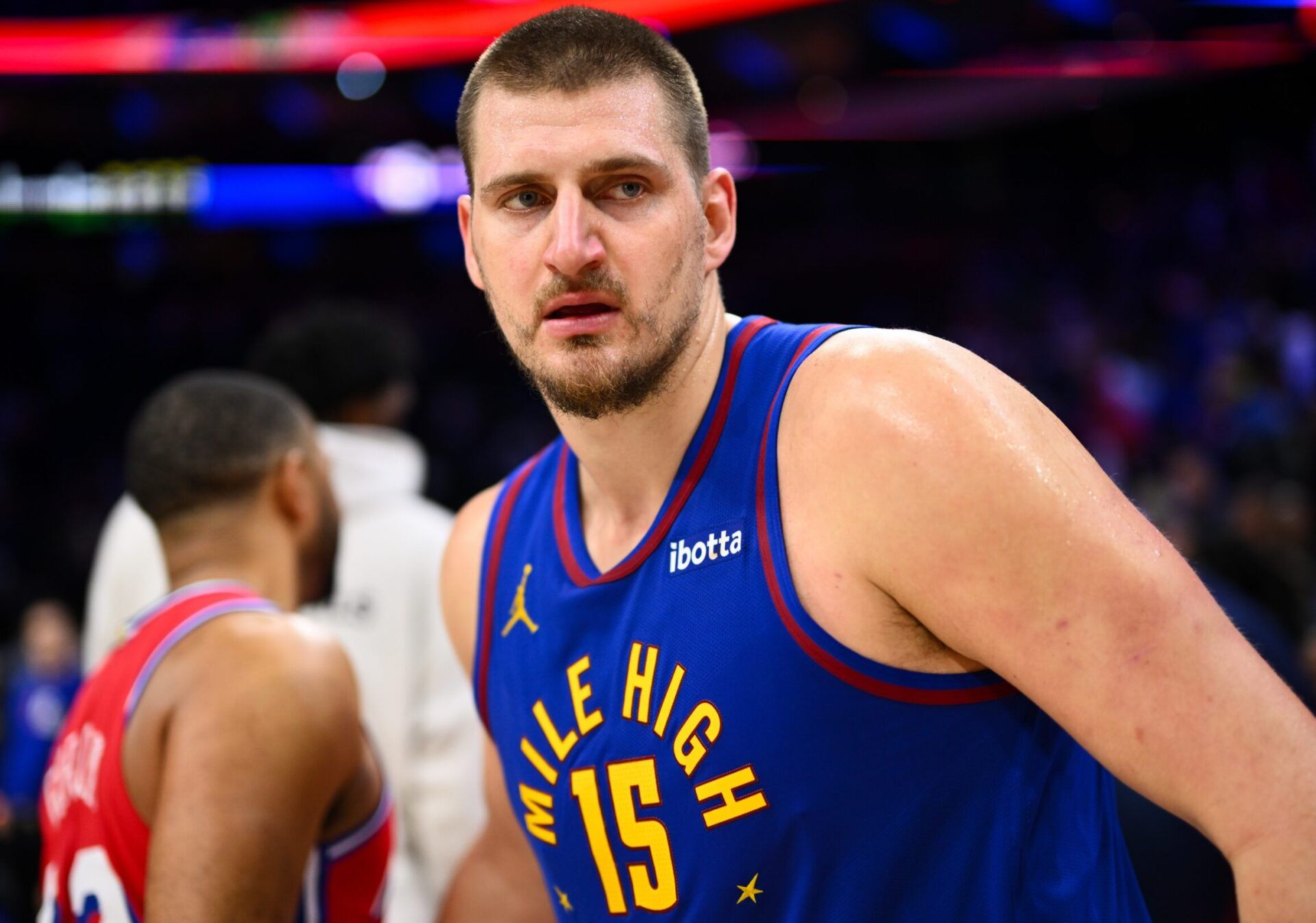 Denver Nuggets center Nikola Jokic (15) looks on after the game against the Philadelphia 76ers at Wells Fargo Center.