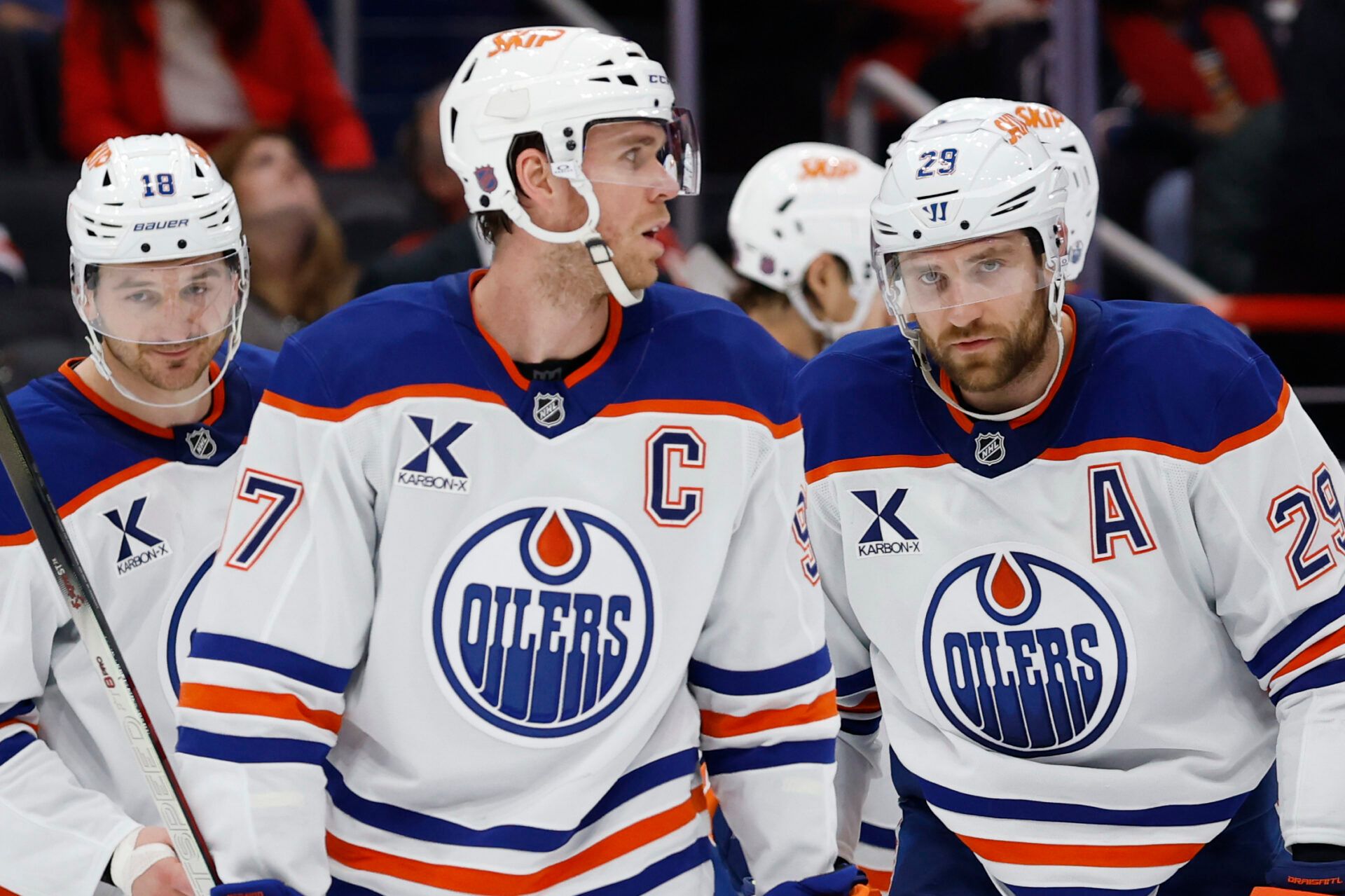 Edmonton Oilers center Connor McDavid (97) talks with Edmonton Oilers center Leon Draisaitl (29) during a stoppage in play against the Washington Capitals during the third period at Capital One Arena.