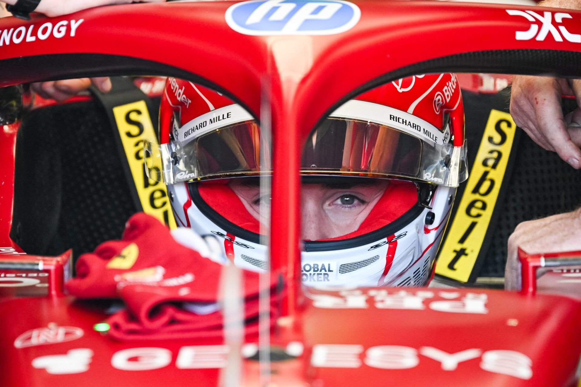 Ferrari driver Charles Leclerc (16) looks on during FP3 practice at Circuit Gilles-Villeneuve.