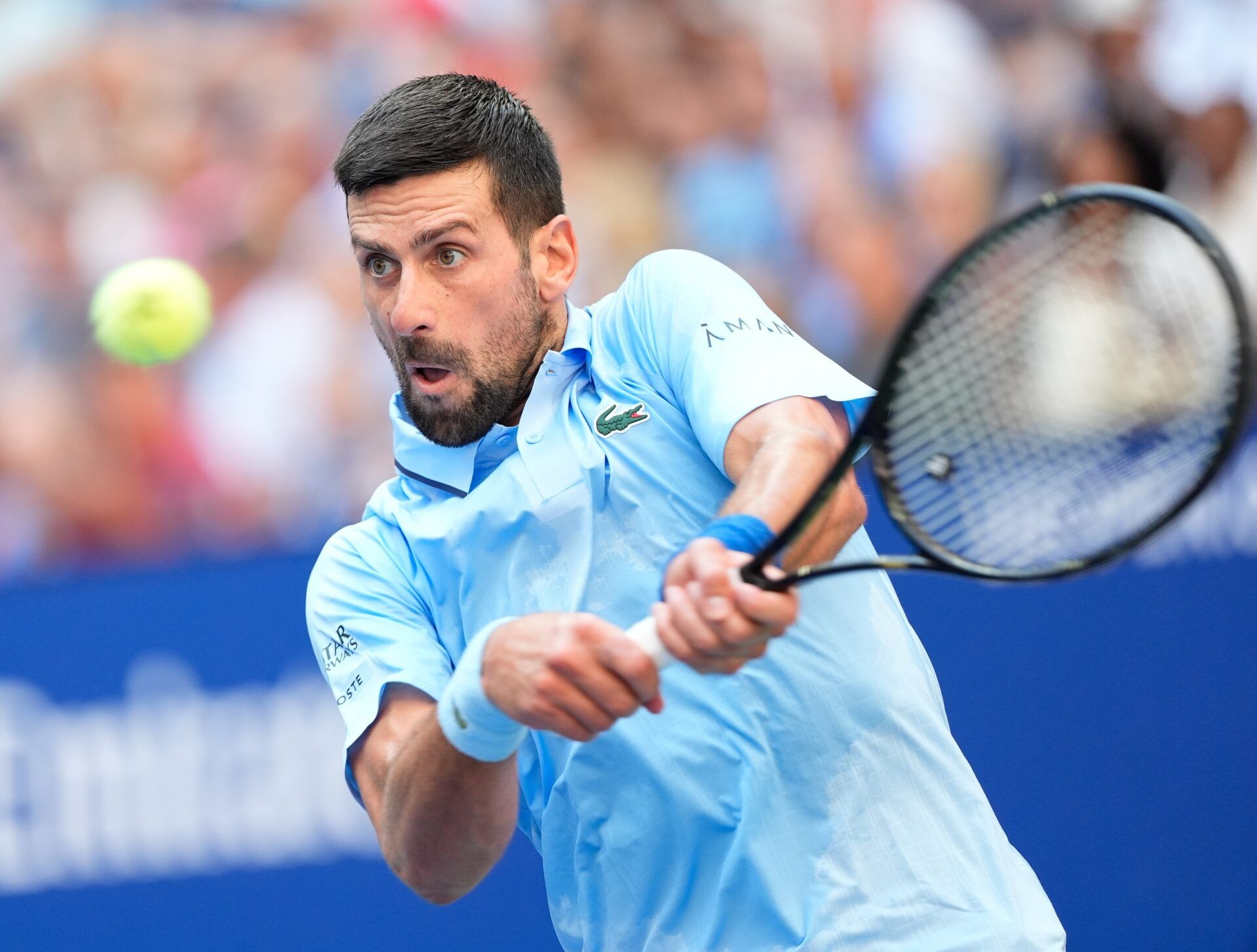 Novak Djokovic (SRB) hits to Carlos Alcaraz (ESP) (not pictured) on day thirteen of the 2025 U.S. Open tennis tournament at the USTA Billie Jean King National Tennis Center.