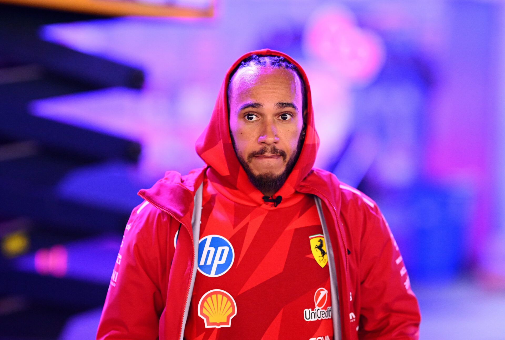LAS VEGAS, NEVADA - NOVEMBER 19: Lewis Hamilton of Great Britain and Scuderia Ferrari looks on during previews ahead of the F1 Grand Prix of Las Vegas at Las Vegas Strip Circuit on November 19, 2025 in Las Vegas, Nevada. (Photo by Clive Mason/Getty Images)