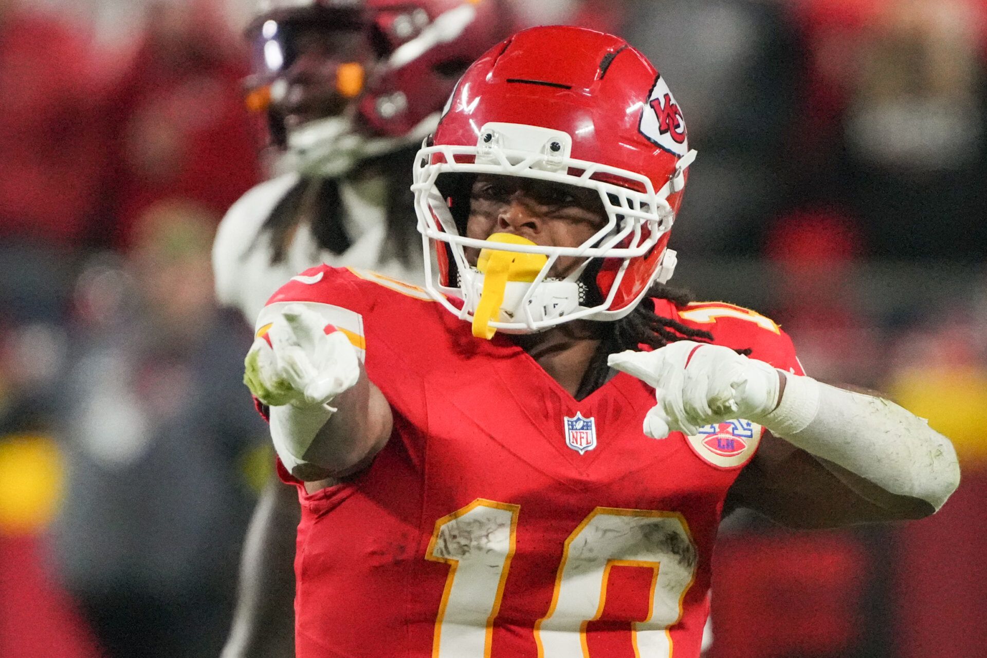 Kansas City Chiefs running back Isiah Pacheco (10) reacts after a play against the Washington Commanders during the fourth quarter of the game at GEHA Field at Arrowhead Stadium.