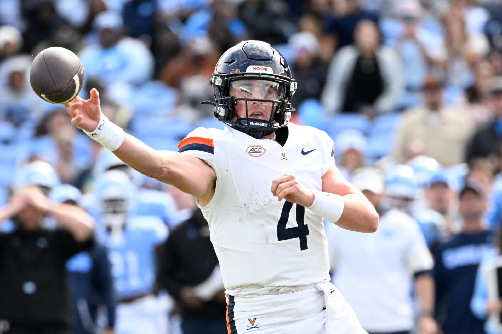 Virginia Cavaliers quarterback Chandler Morris (4) looks to pass in the fourth quarter at Kenan Stadium.