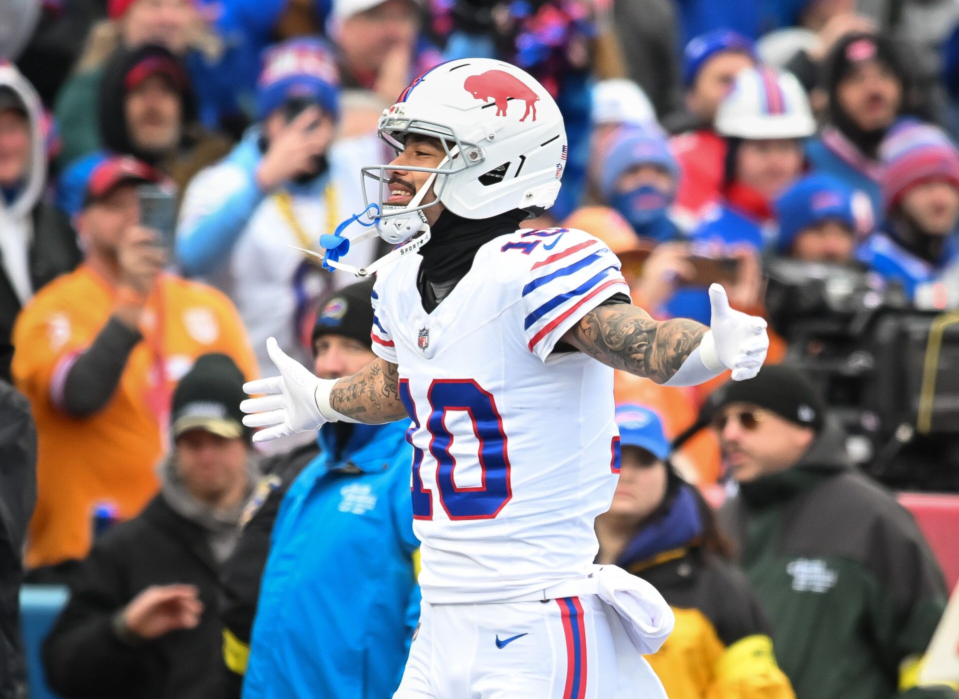 Buffalo Bills wide receiver Khalil Shakir (10) enters the field before a game against the Tampa Bay Buccaneers at Highmark Stadium.