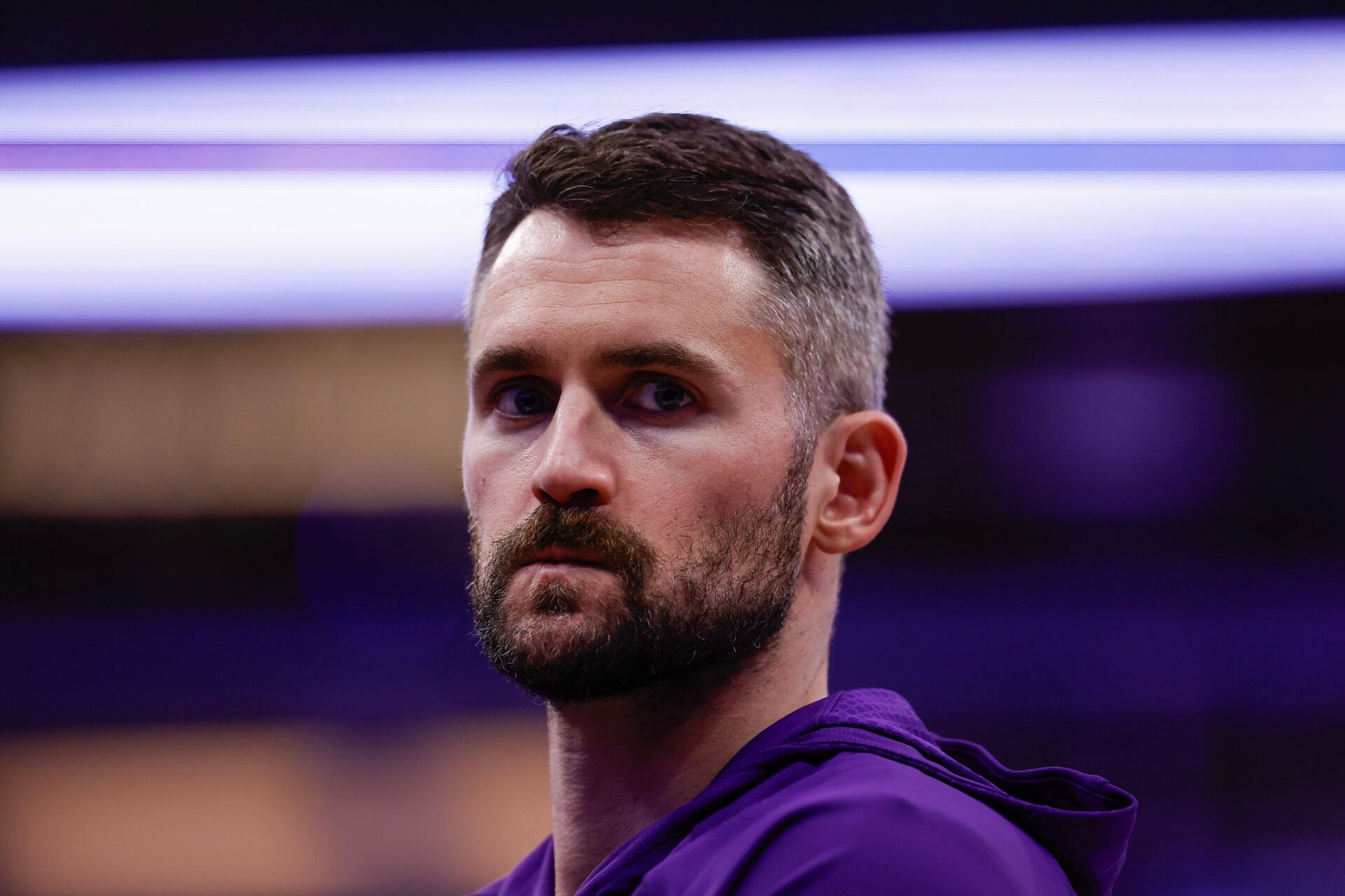 Utah Jazz forward Kevin Love (42) on the court during a timeout against the Sacramento Kings during the second quarter at Golden 1 Center.