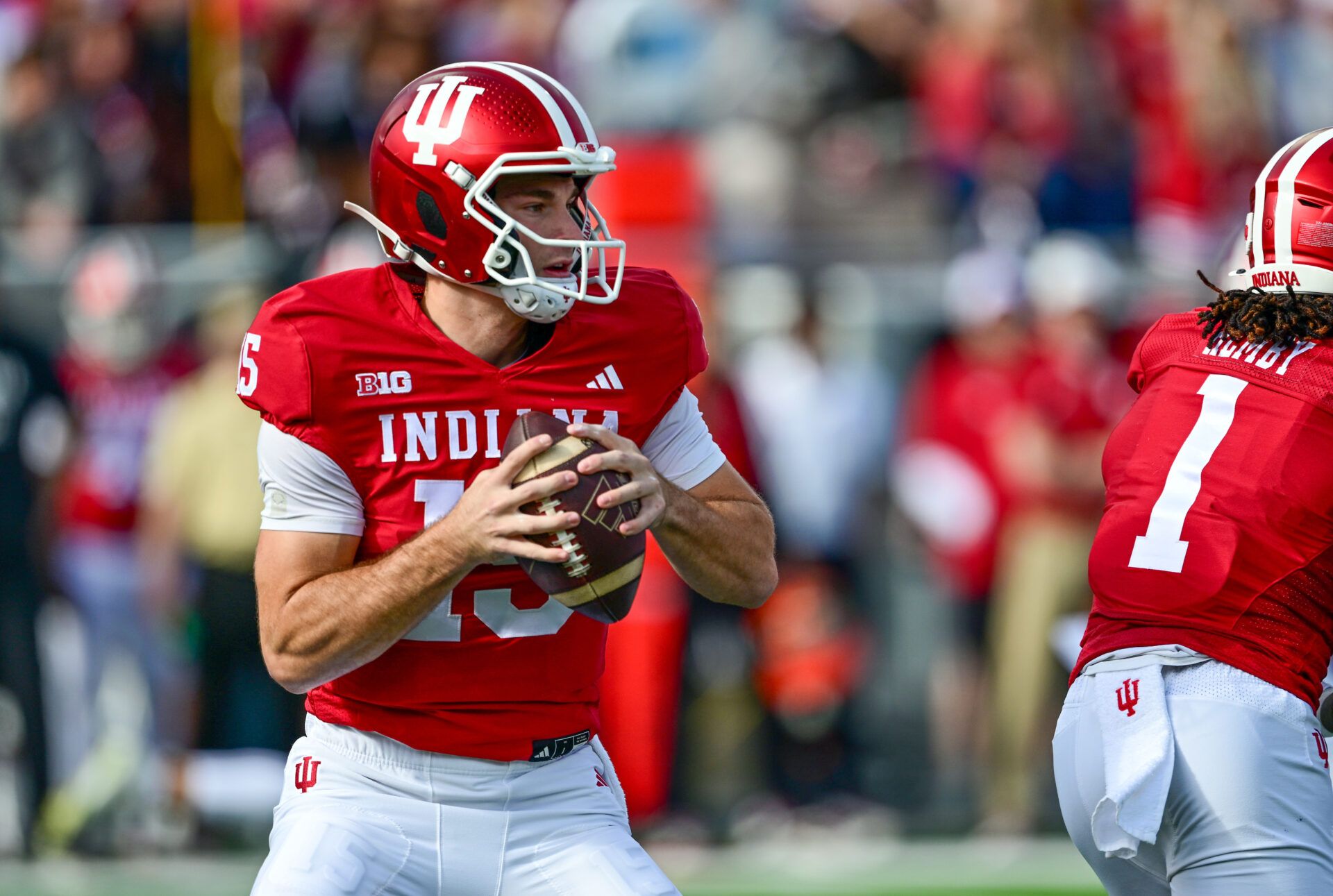 Indiana Hoosiers quarterback Fernando Mendoza (15) prepares to throw the ball during the first quarter against the Wisconsin Badgers at Memorial Stadium.
