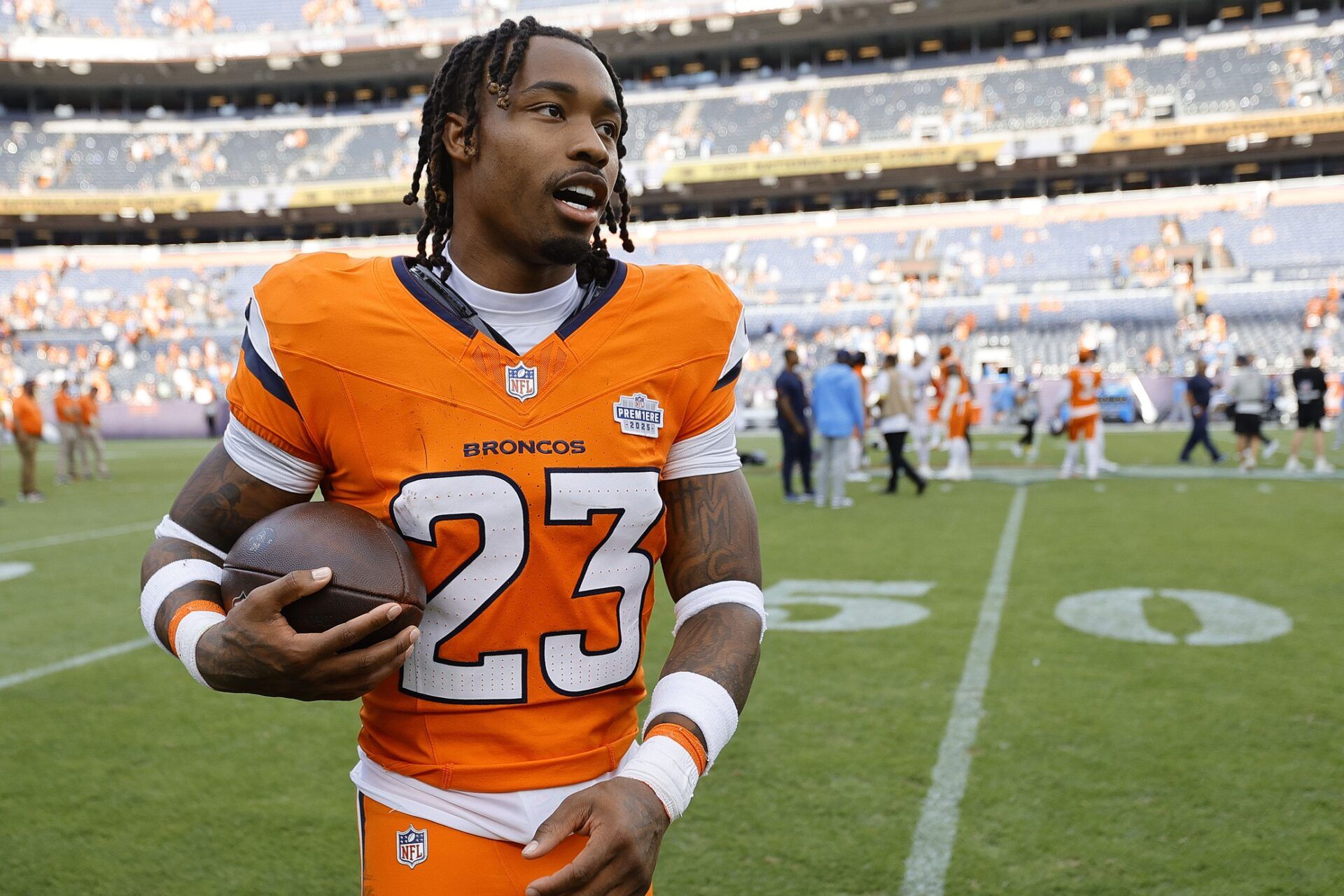 Denver Broncos cornerback Jahdae Barron (23) after the game at Empower Field at Mile High.