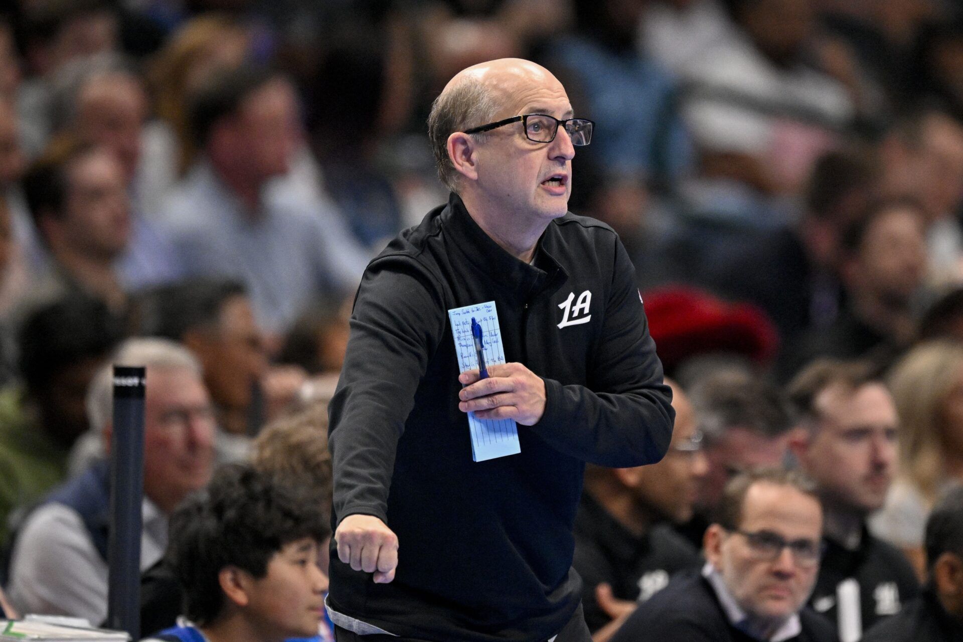 LA Clippers assistant coach Jeff Van Gundy looks on during an NBA Cup game between the Mavericks and the Clippers at the American Airlines Center.