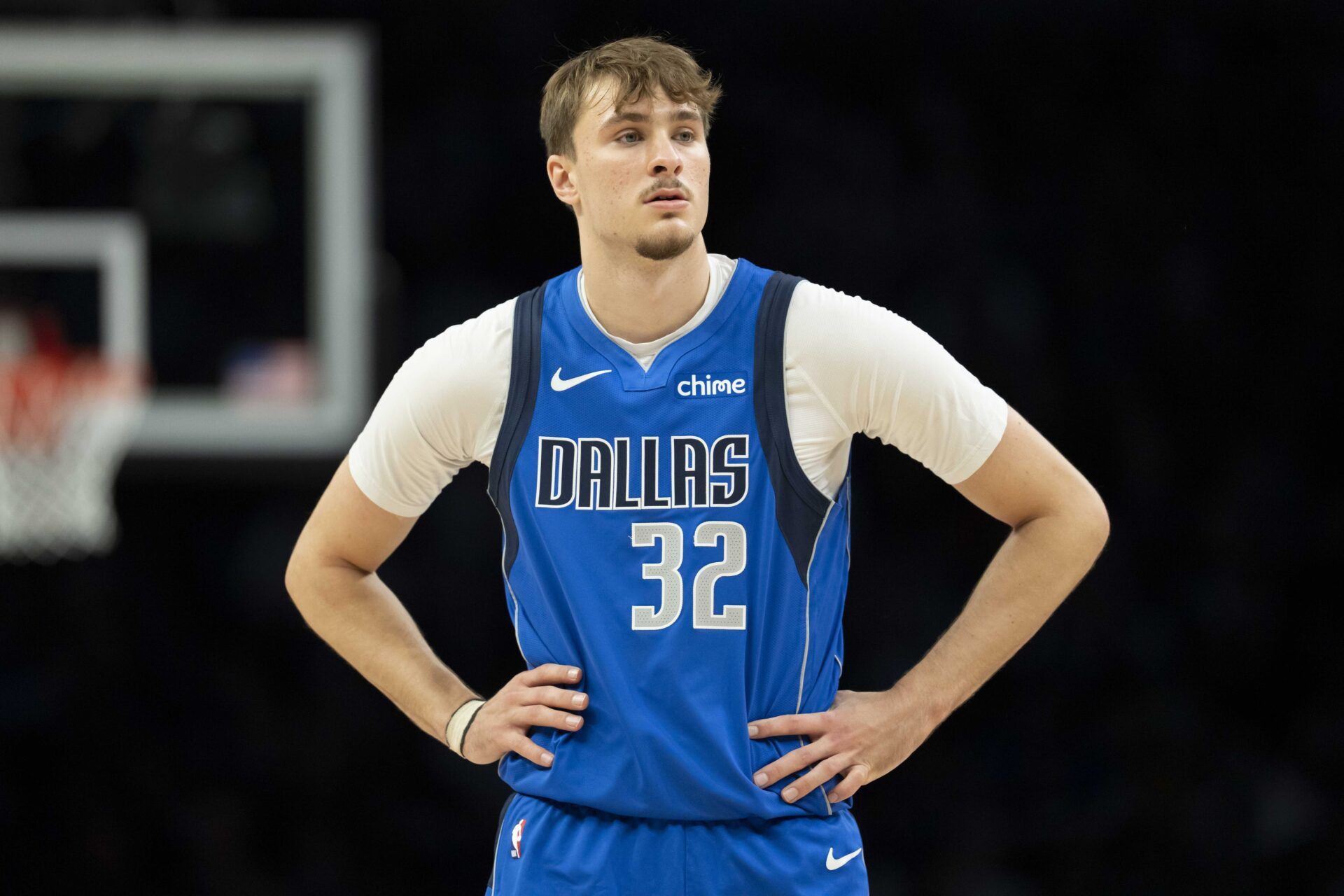 Dallas Mavericks forward Cooper Flagg (32) looks on against the Minnesota Timberwolves in the first half at Target Center.