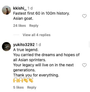 Fans react to Su Bingtian's retirement announcement ( Source: Instagram @worldathletics)