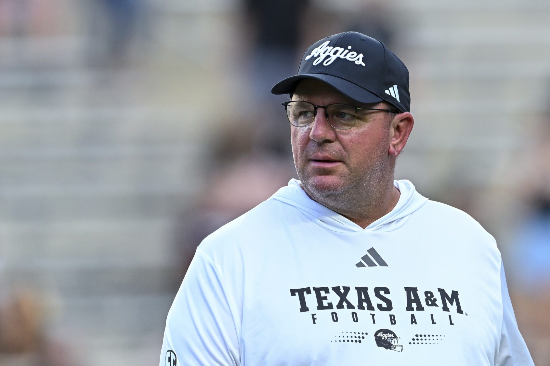 Texas A&M Aggies head coach Mike Elko looks on prior to the game against the Mississippi State Bulldogs at Kyle Field.