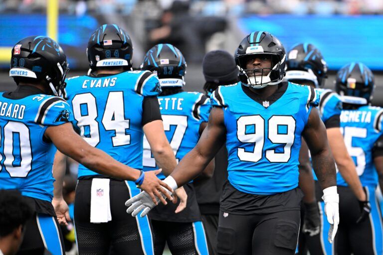 Carolina Panthers defensive tackle Tershawn Wharton (99) runs on to the field before the game at Bank of America Stadium.