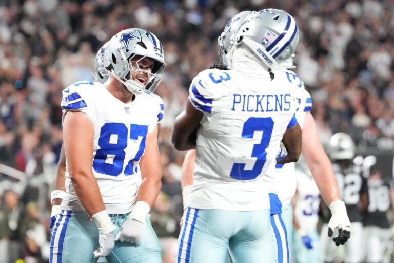 Dallas Cowboys tight end Jake Ferguson (87) reacts after scoring a touchdown during the first half against the Las Vegas Raiders at Allegiant Stadium.