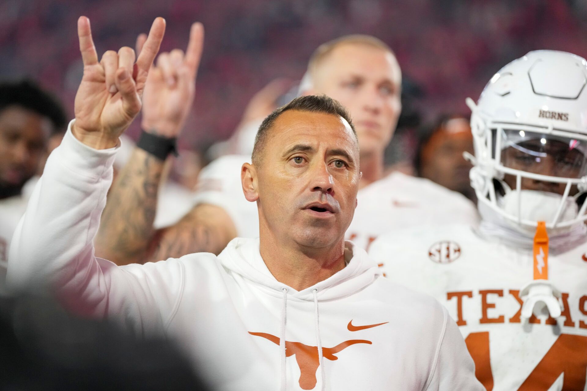 Texas Longhorns head coach Steve Sarkisian gestures after a game against the Georgia Bulldogs at Sanford Stadium.