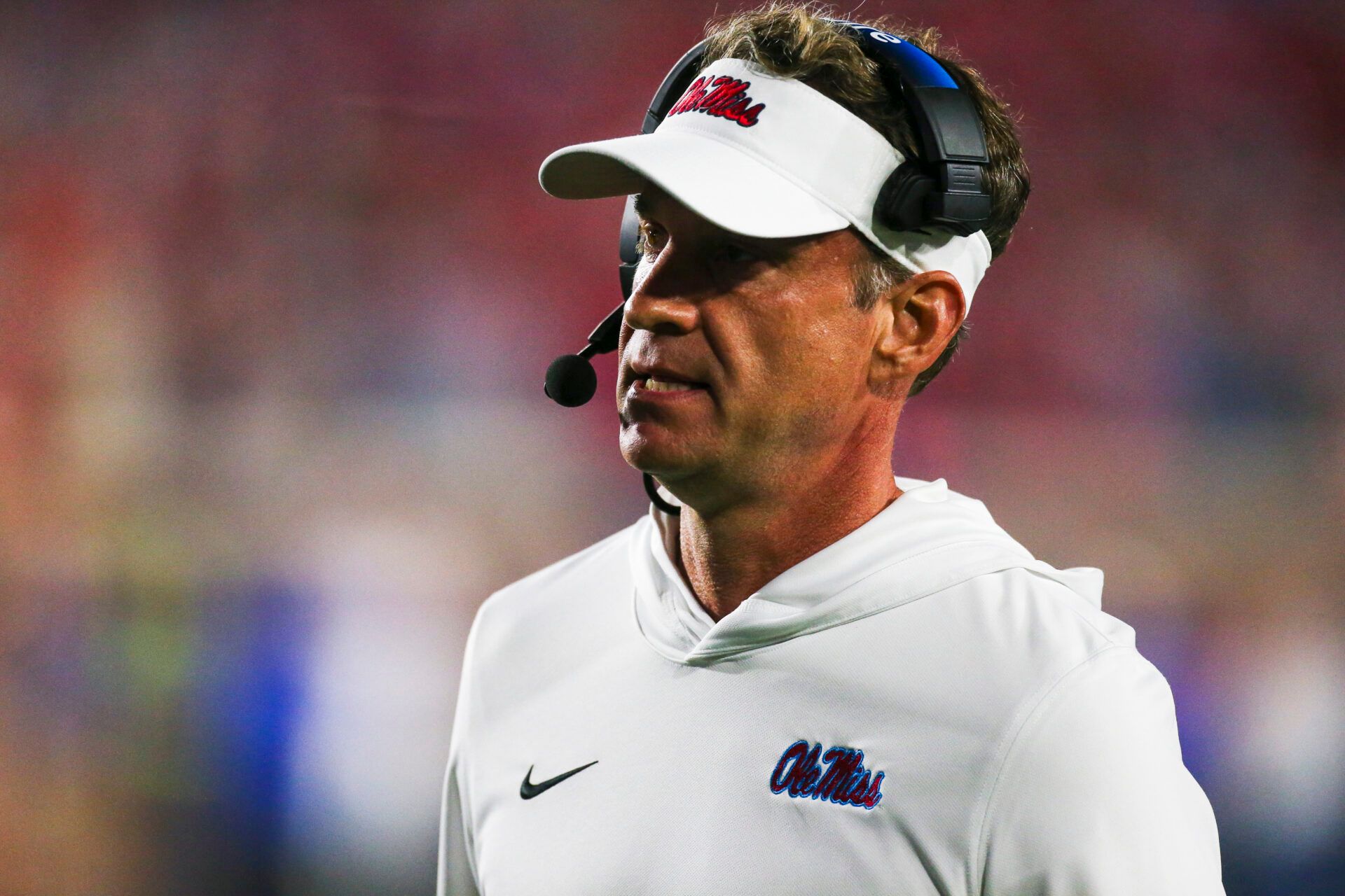 Mississippi Rebels head coach Lane Kiffin stands on the sideline during the second half against the Florida Gators at Vaught-Hemingway Stadium.