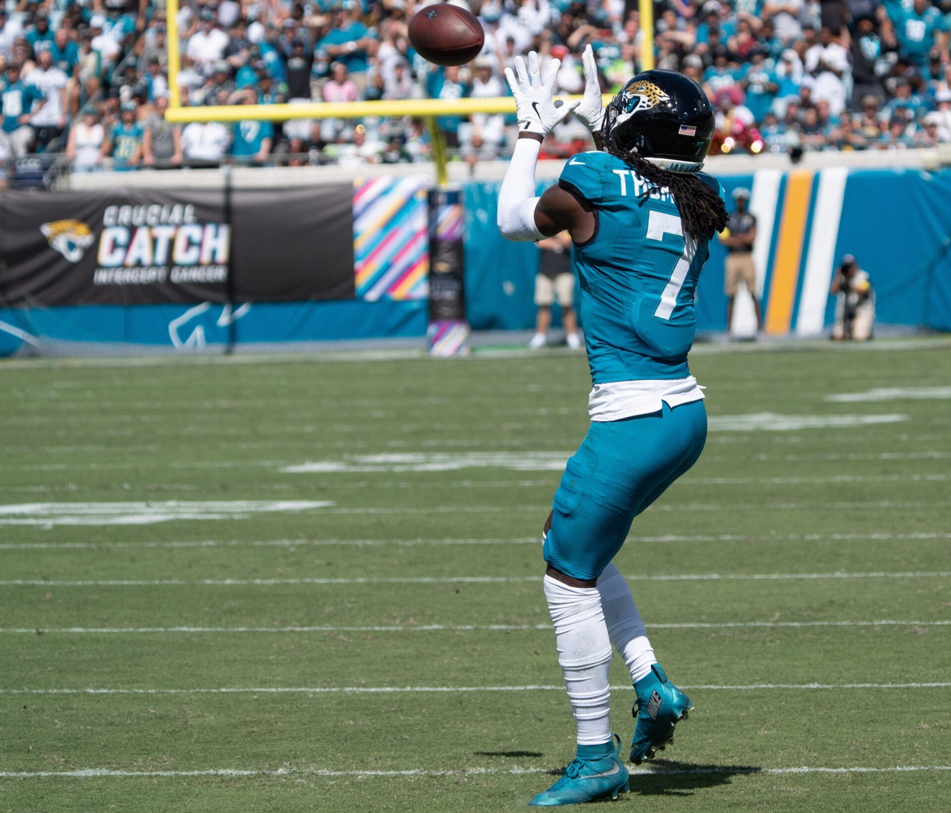 Jacksonville Jaguars wide receiver Brian Thomas Jr. (7) hauls in a pass that lead to a touchdown during the first quarter in an NFL football game at EverBank Stadium, Sunday, Oct. 12, 2025, in Jacksonville, Fla. [Doug Engle/Florida Times-Union]