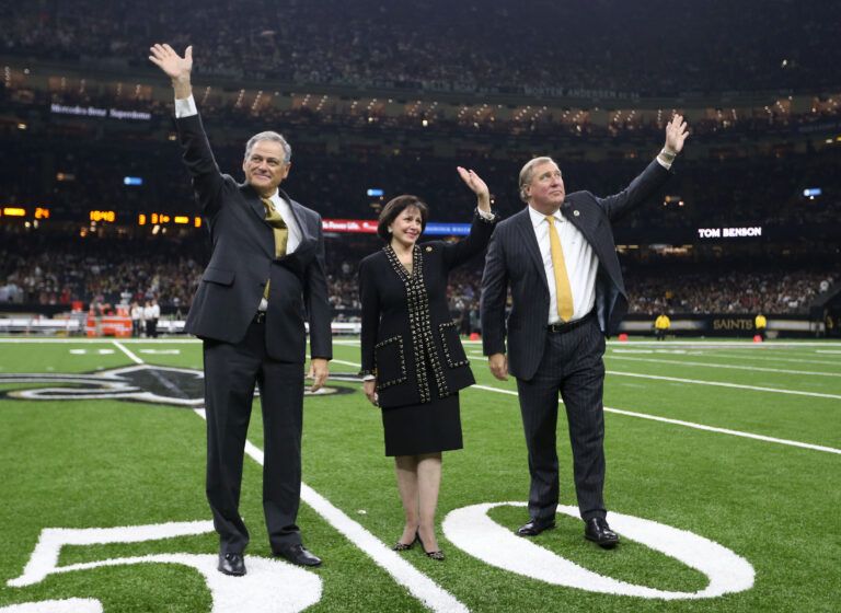 New Orleans Saints general manager Mickey Loomis and owner Gayle Banson and president Dennis Lauscha during the ceremony to induct the late Tom Benson into the Saints Ring of Honor at halftime of the game between the Saints and the Tampa Bay Buccaneers at the Mercedes-Benz Superdome.
