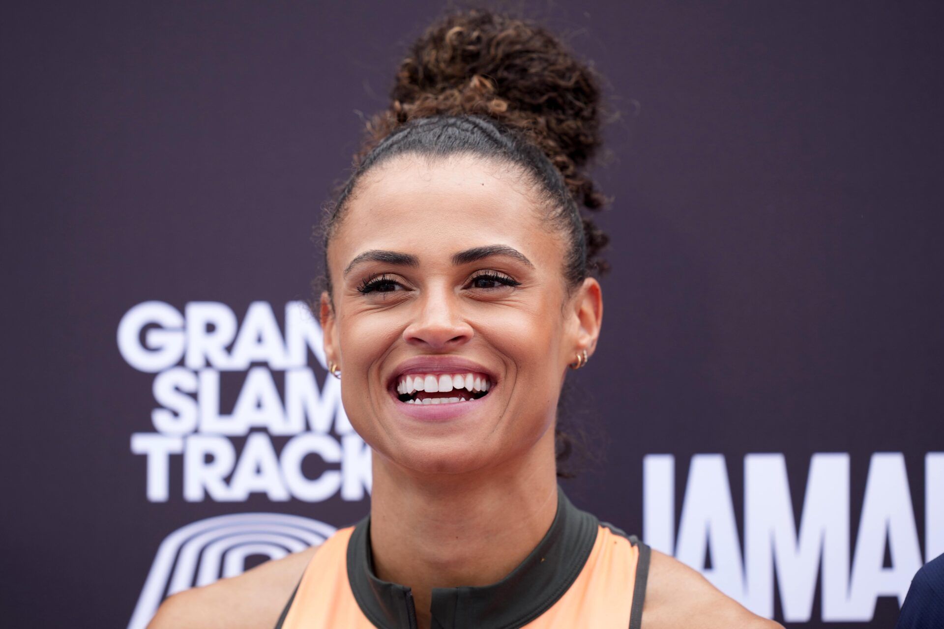 Sydney McLaughlin (USA) reacts after winning the women's long hurdles slam title during the Grand Slam Track Miami at Ansin Sports Complex.