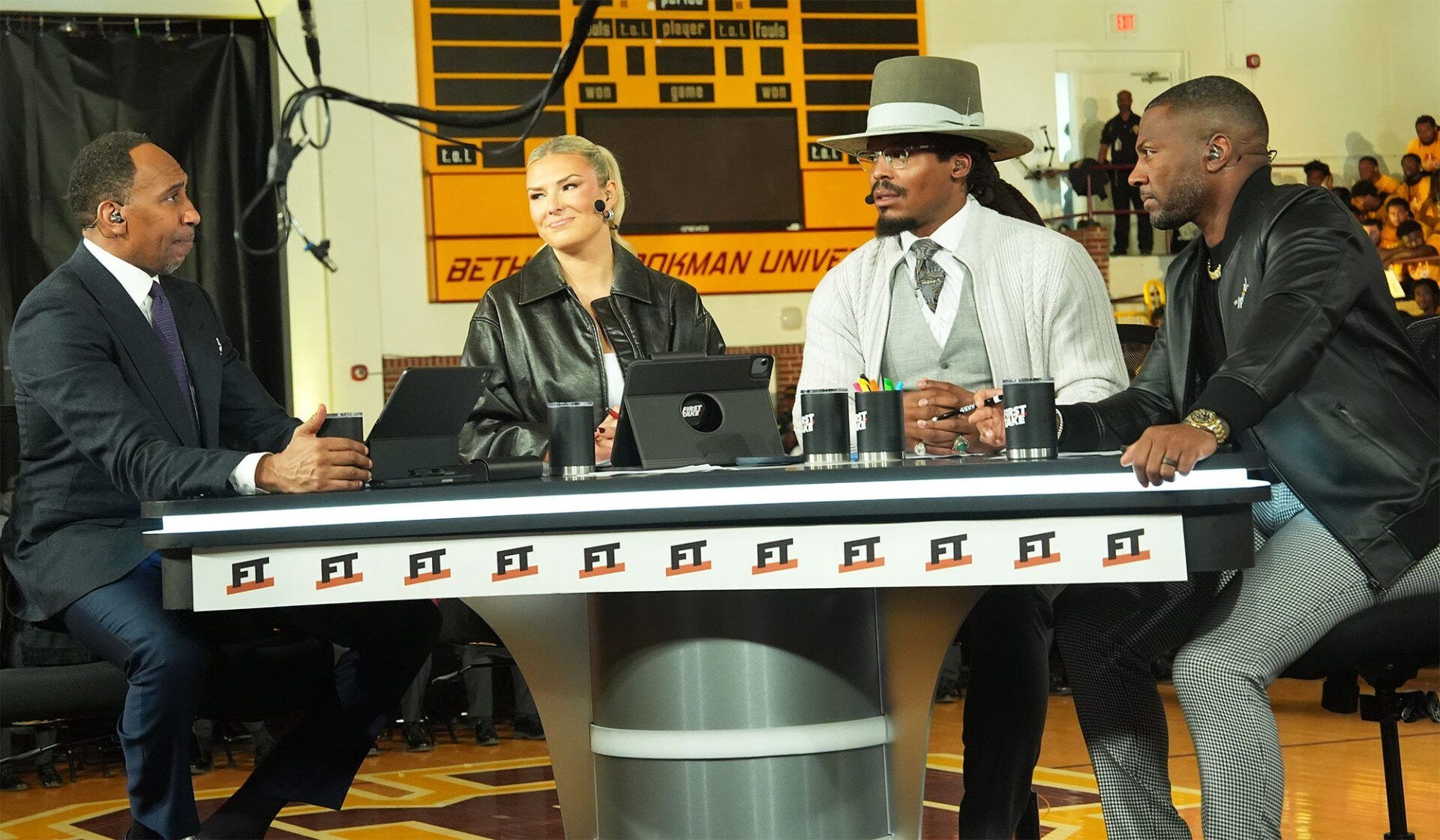 ESPN's First Take cast of Stephen A. Smith, Shae Cornette, Cam Newton and Ryan Clark during the live show at Bethune-Cookman University during the show’s HBCU fall tour, Thursday, Nov. 20, 2025.