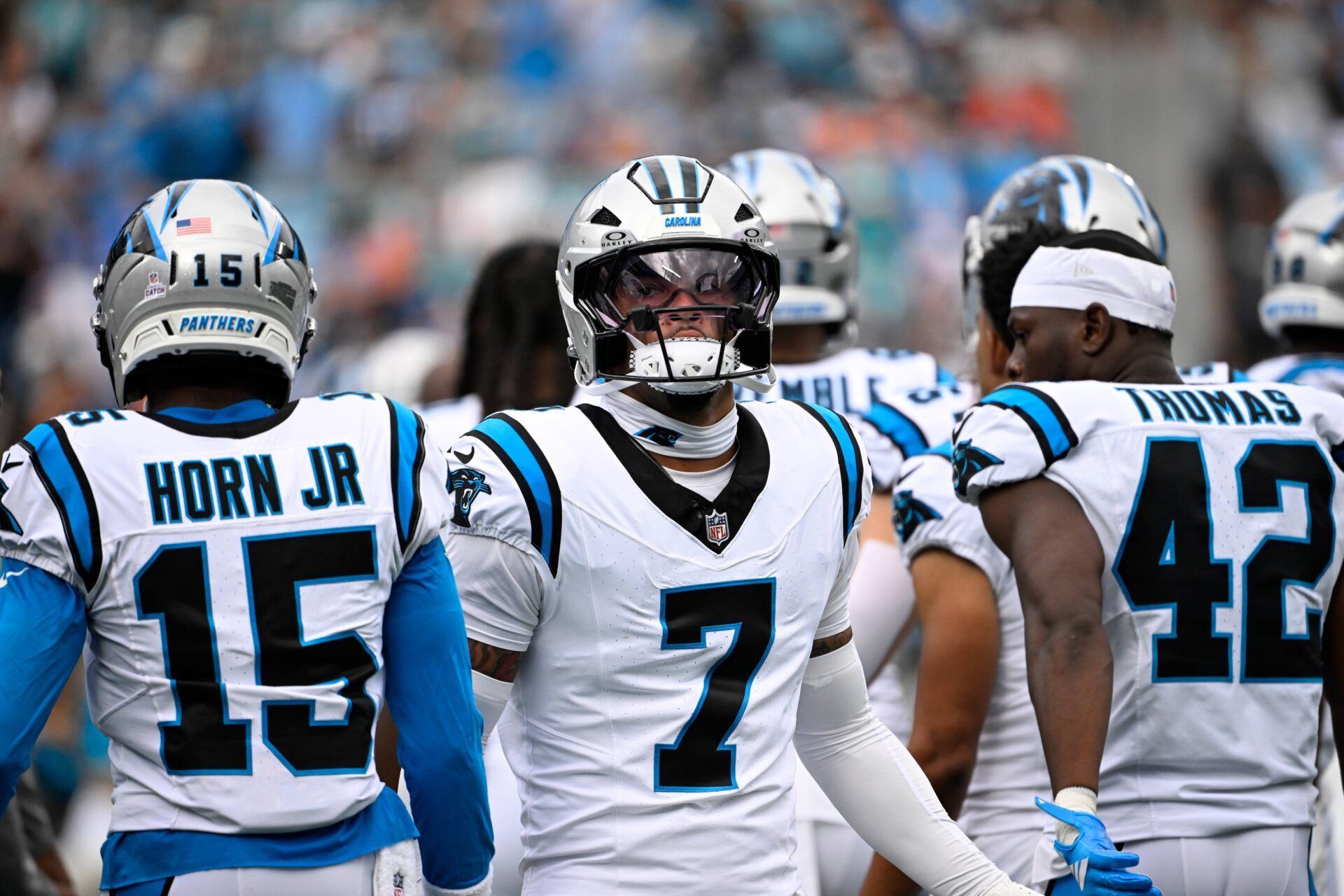 Carolina Panthers safety Tre'Von Moehrig (7) during player introductions at Bank of America Stadium.