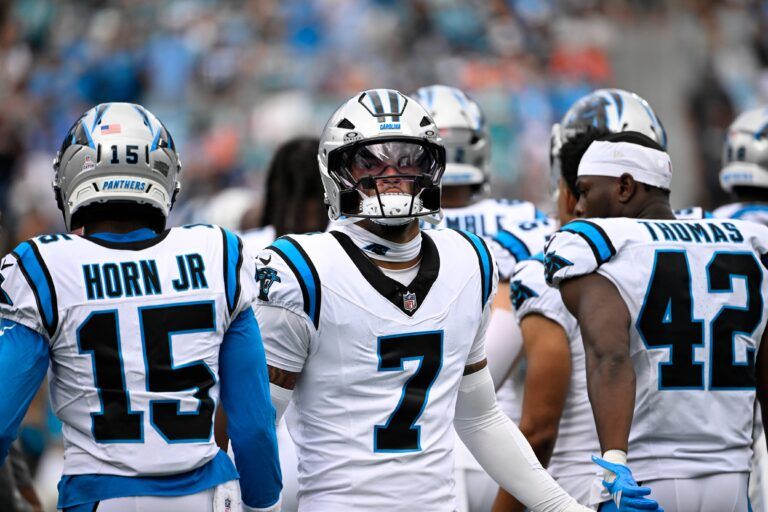 Carolina Panthers safety Tre'Von Moehrig (7) during player introductions at Bank of America Stadium.